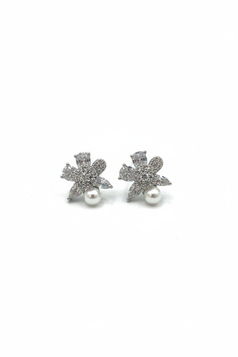 Gregory Ladner Silver Crystal Floral Pearl Stud Earrings