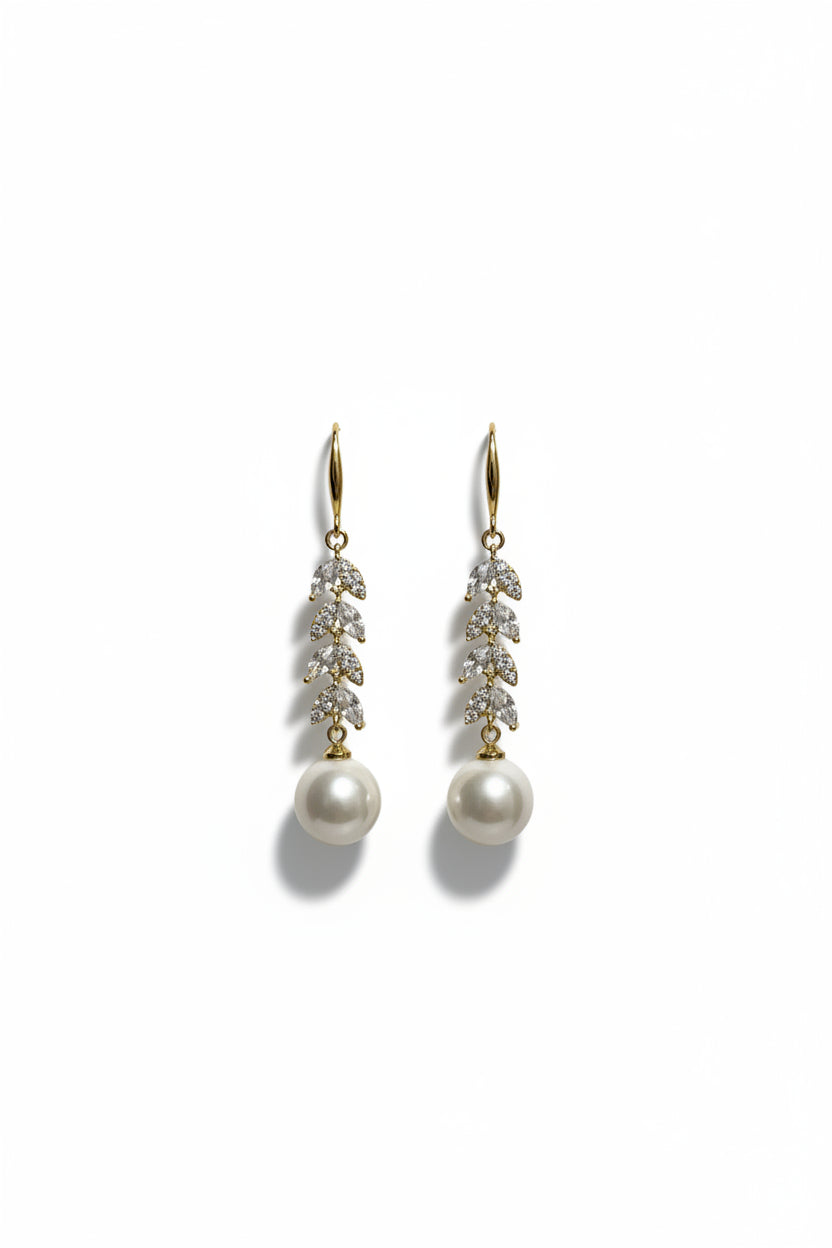 Gregory Ladner Gold Crystal Leaf Pearl Drop Earrings