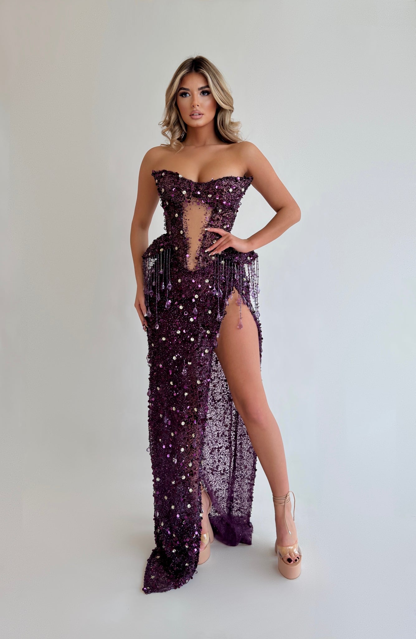 MINNA Fashion VIVIAN Purple Strapless Crystal Leg Split Mermaid Formal Dress