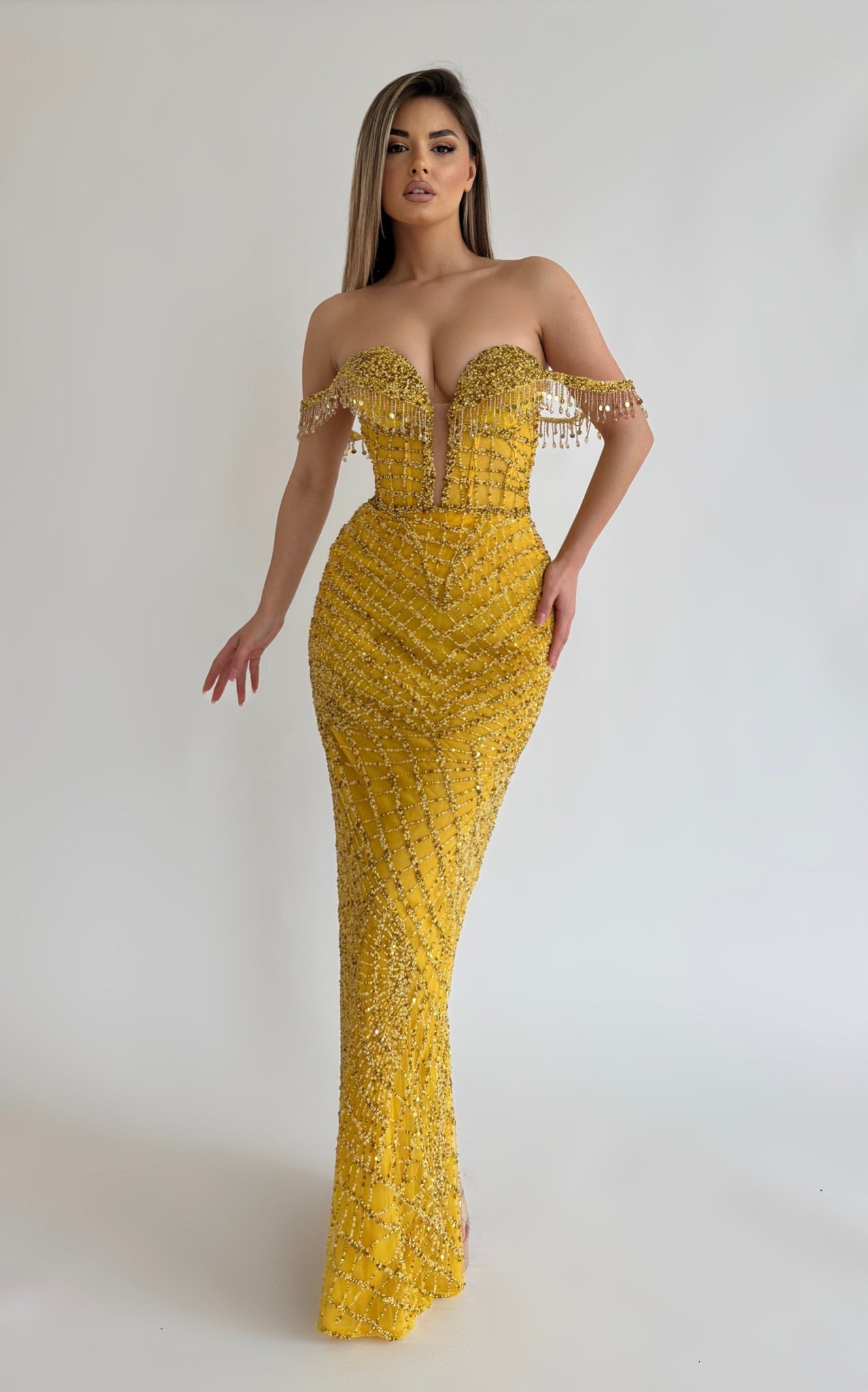 MINNA Fashion IRMA Yellow Beaded Off The Shoulder Mermaid Formal Dress