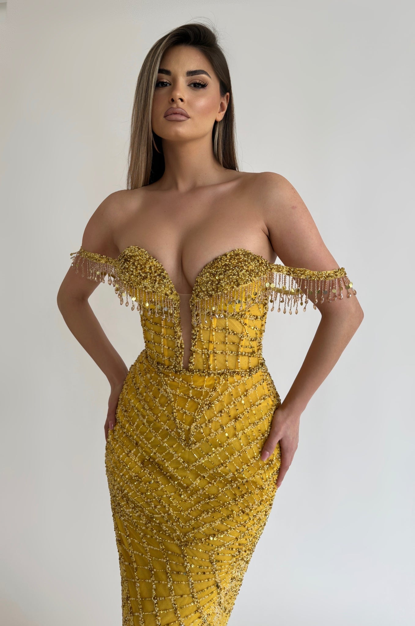 MINNA Fashion IRMA Yellow Beaded Off The Shoulder Mermaid Formal Dress