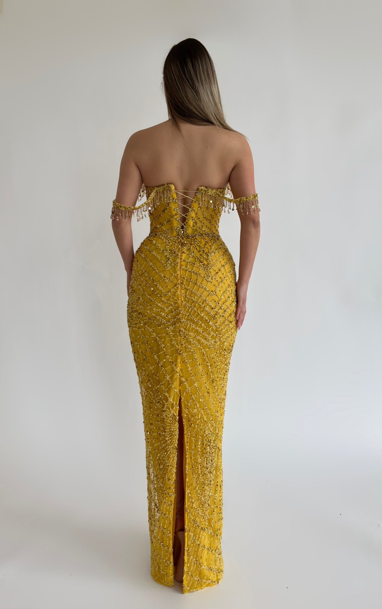 MINNA Fashion IRMA Yellow Beaded Off The Shoulder Mermaid Formal Dress