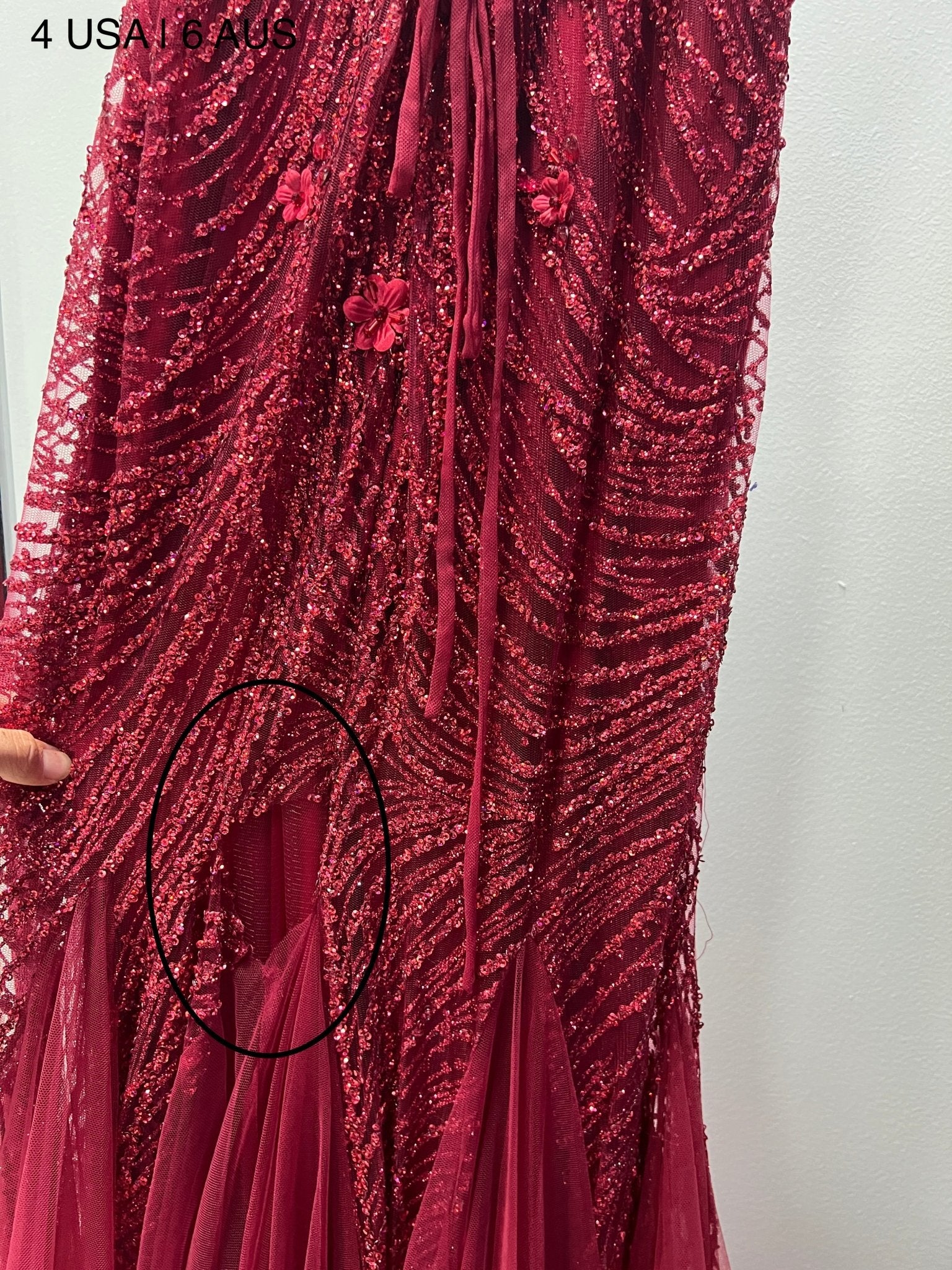 Honey Couture MARIBELLA Red Shimmer Lace Back Bum Ruching Formal Dress (RED TAG FINAL SALE) in Australia | One Honey Boutique