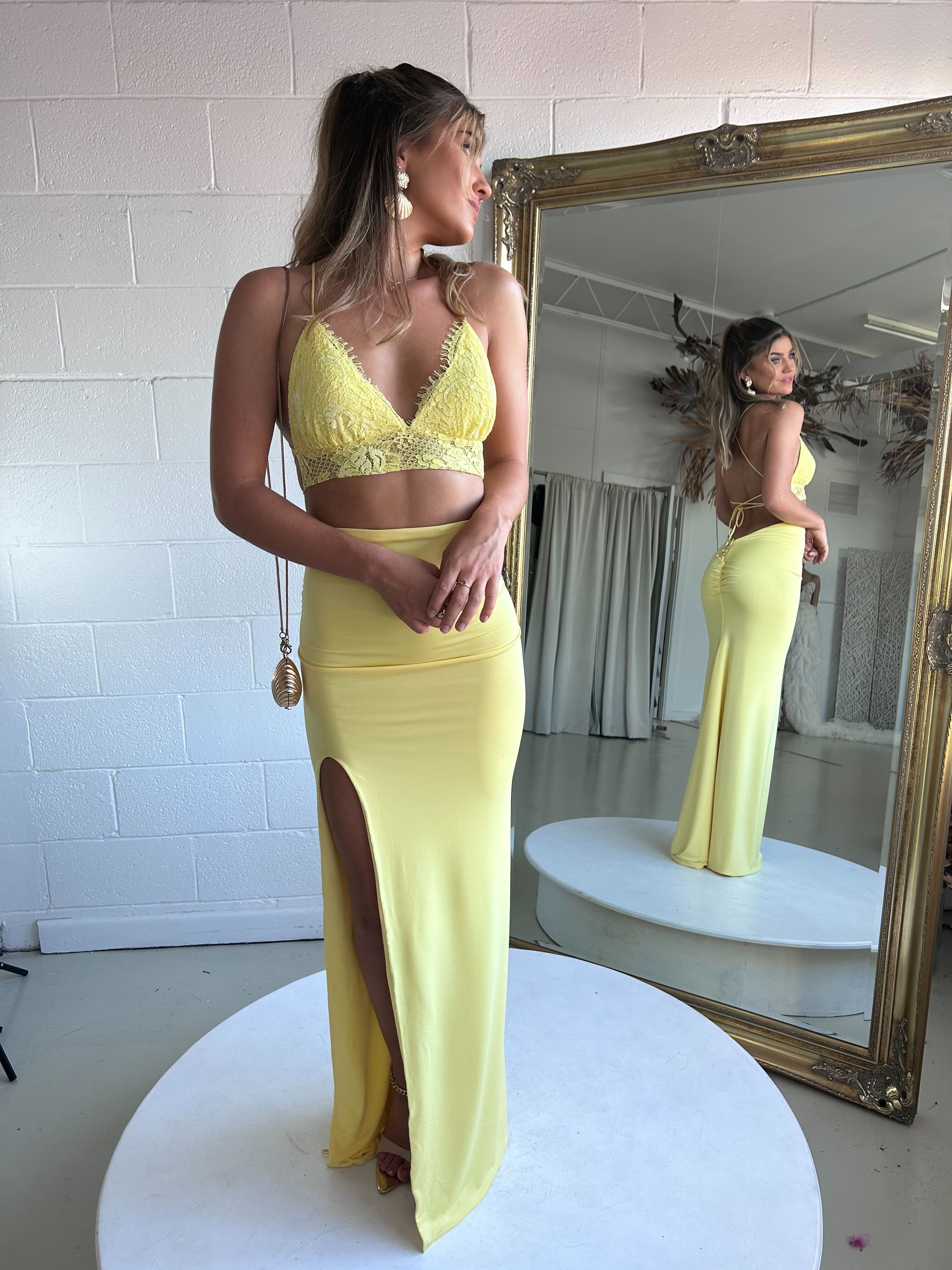 Amy Taylor MELODY Lemon Yellow Slinky Bralette and High Waisted Skirt Formal Set