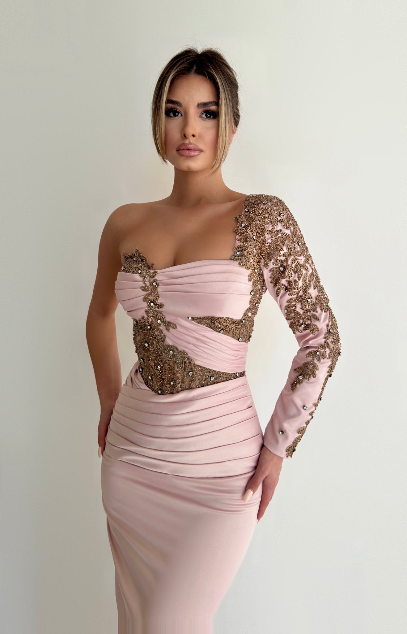 MINNA Fashion ELLIE Pink Silky One Sleeve Beaded Applique Mermaid Formal Dress