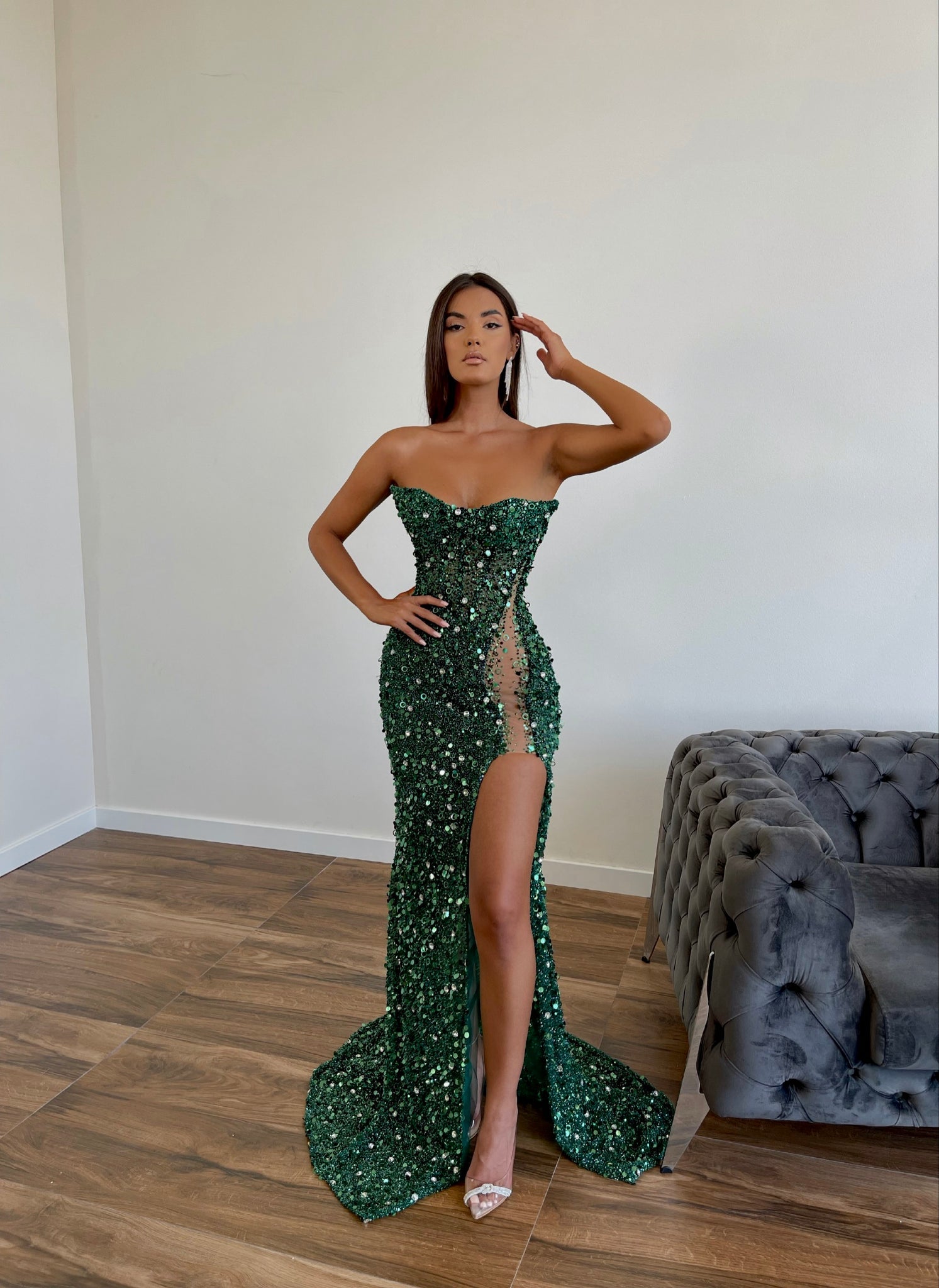MINNA Fashion HADES Green Sequin Beaded Strapless Mermaid Formal Dress