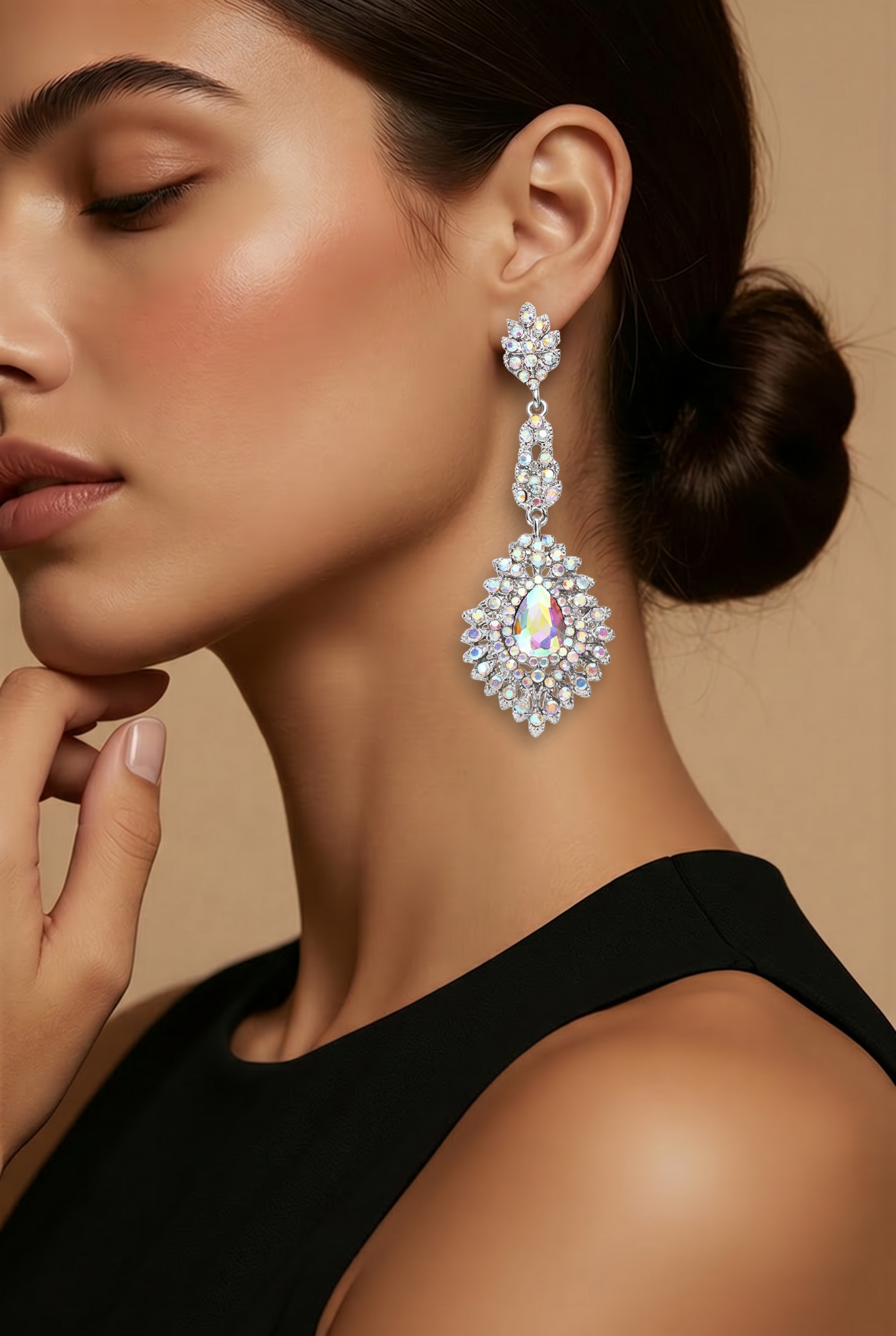 Silver Crystal Teardrop Statement Earrings for Formal & Bridal Wear