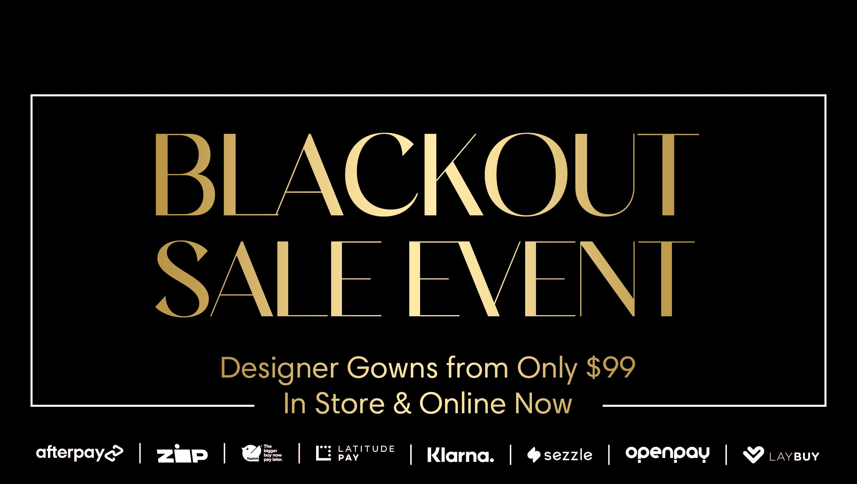 Blackout sale event banner with gold text on a black background