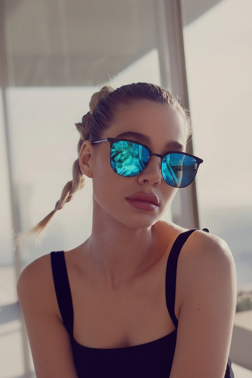 QUAY PRIVATE EYES Gunmetal Blue Mirror Rimless Sunglasses