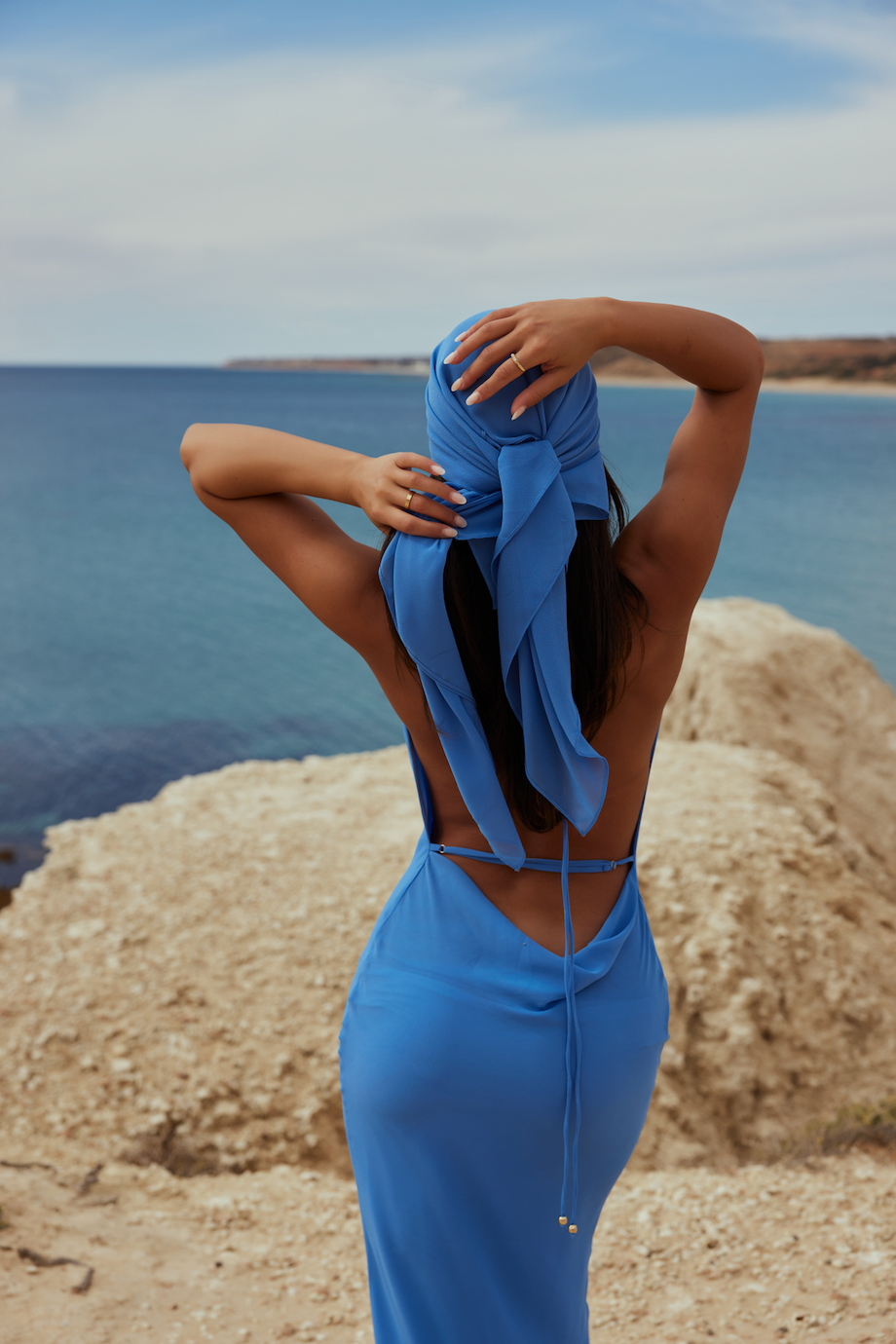 MÉLANI The Label LOPEZ Ocean Blue Cowl Neck Chiffon Backless Dress