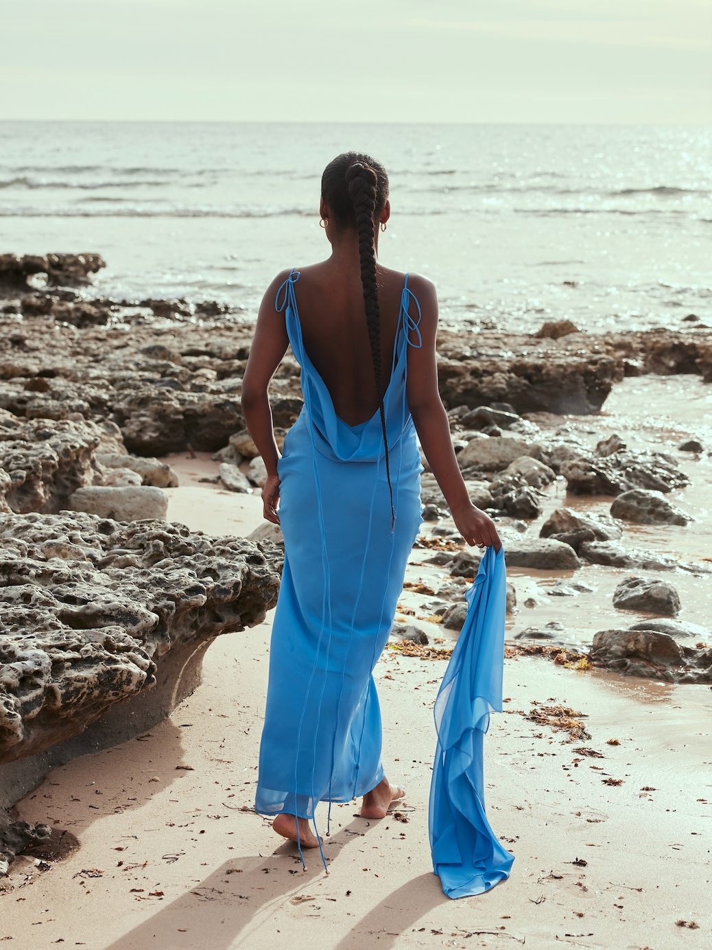 MÉLANI The Label AMALI Ocean Blue Cowl Neck Chiffon Backless Dress