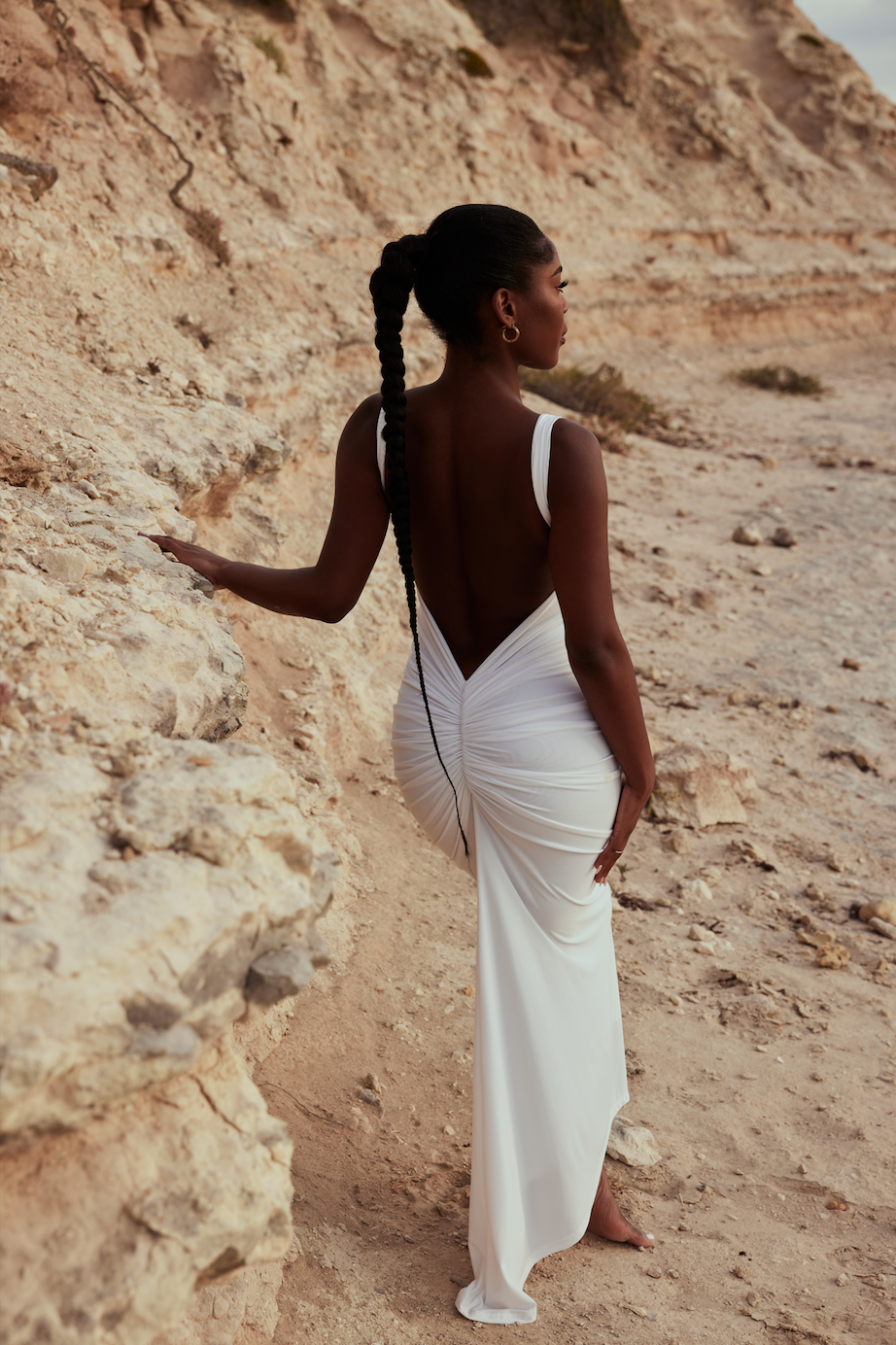 MÉLANI The Label SABIA White Ruched Bum Backless Dress