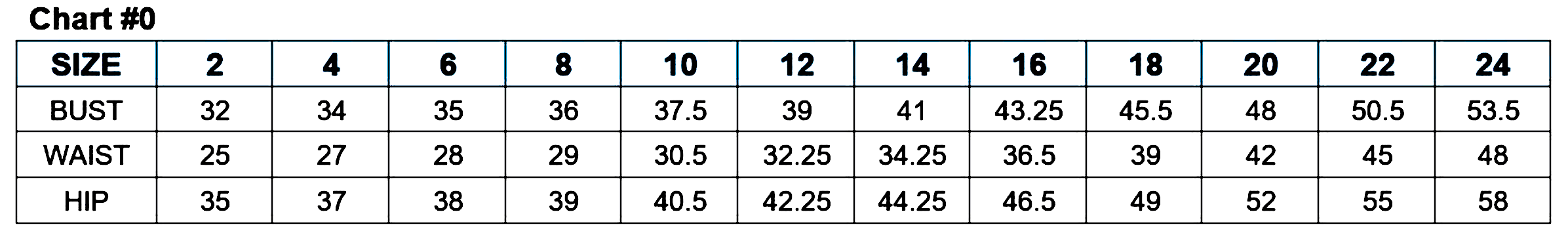 Size chart table showing bust, waist, and hip measurements for sizes 2-24 in numeric values.