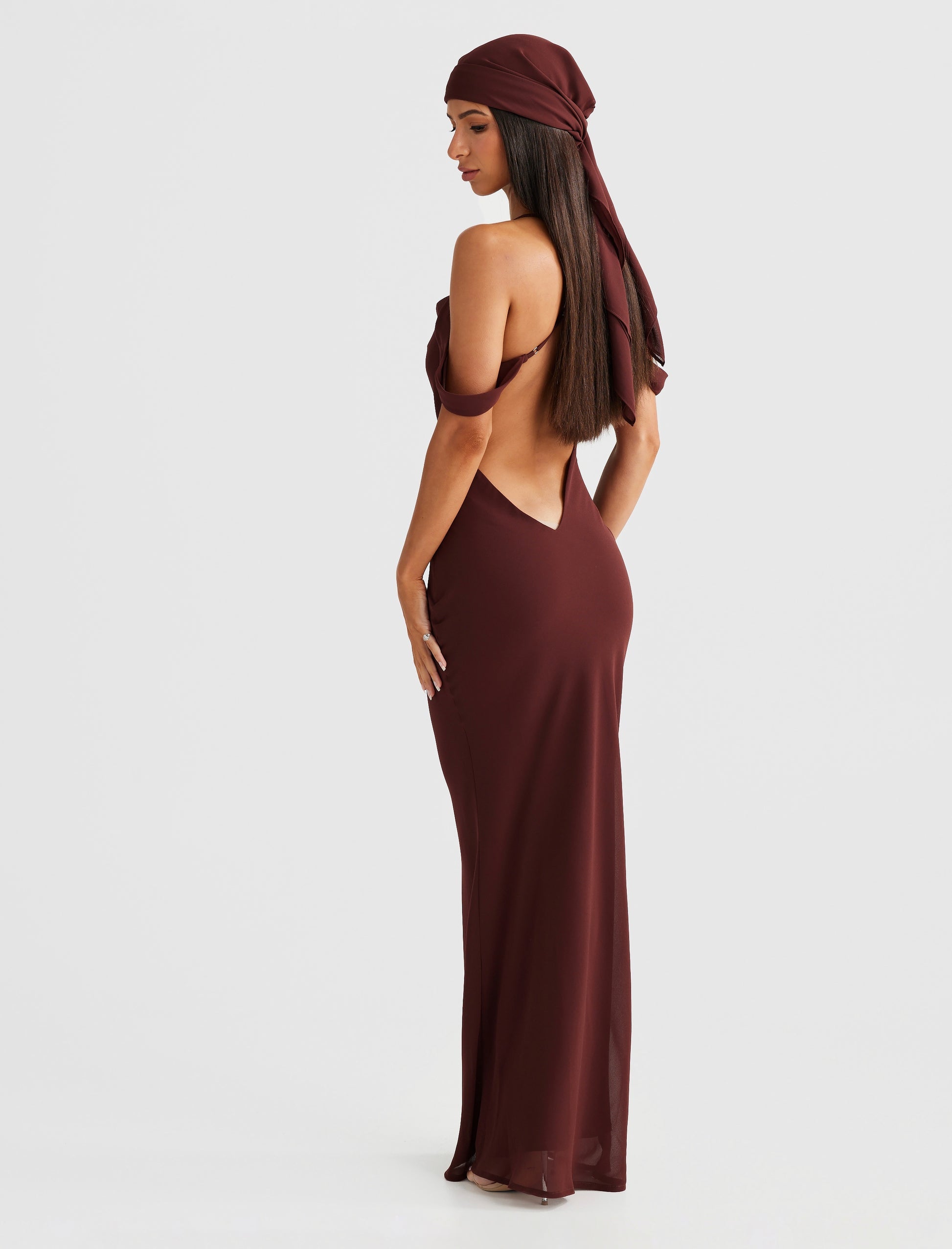 MÉLANI The Label VIENNA Brown Low Back Chiffon Maxi Dress