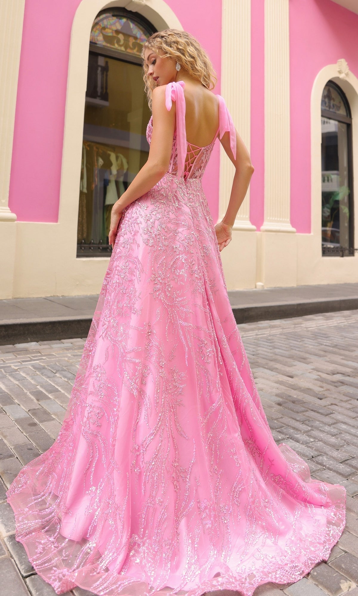 RARI Pink Sequin Bustier Bow Ball Gown School Formal & Prom Dress
