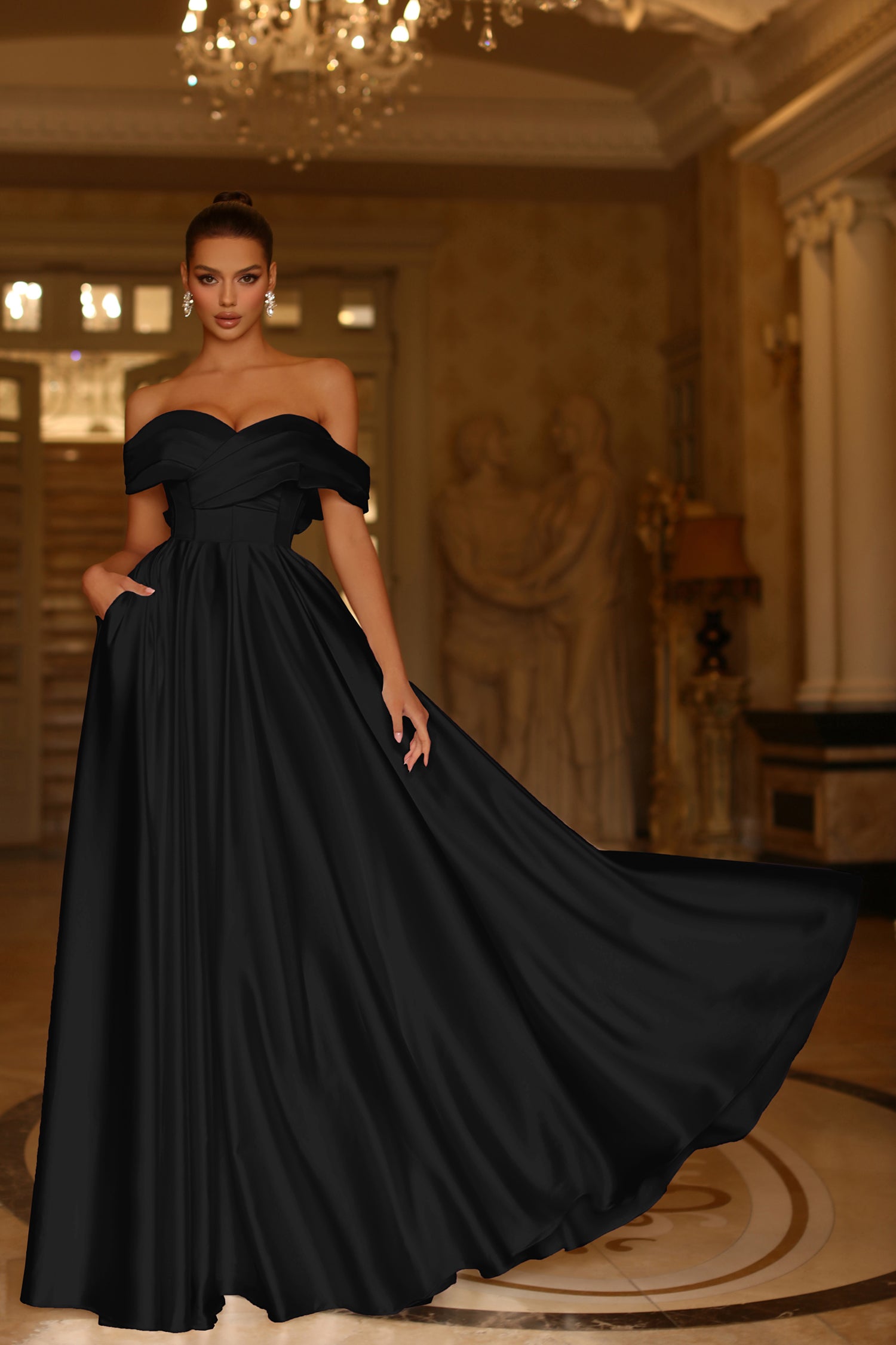 Tina Holly Couture TE207 Black Satin Off The Shoulder A Line Formal Dress