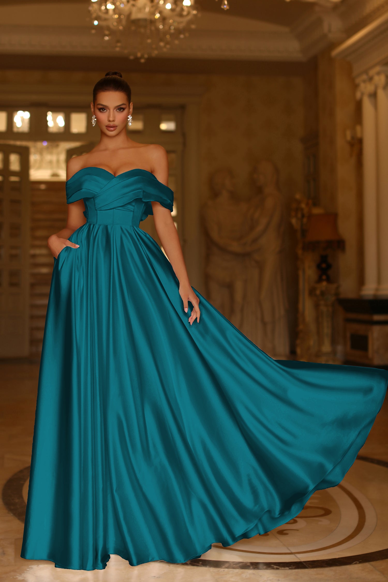 Tina Holly Couture TE207 Turquoise Satin Off The Shoulder A Line Formal Dress