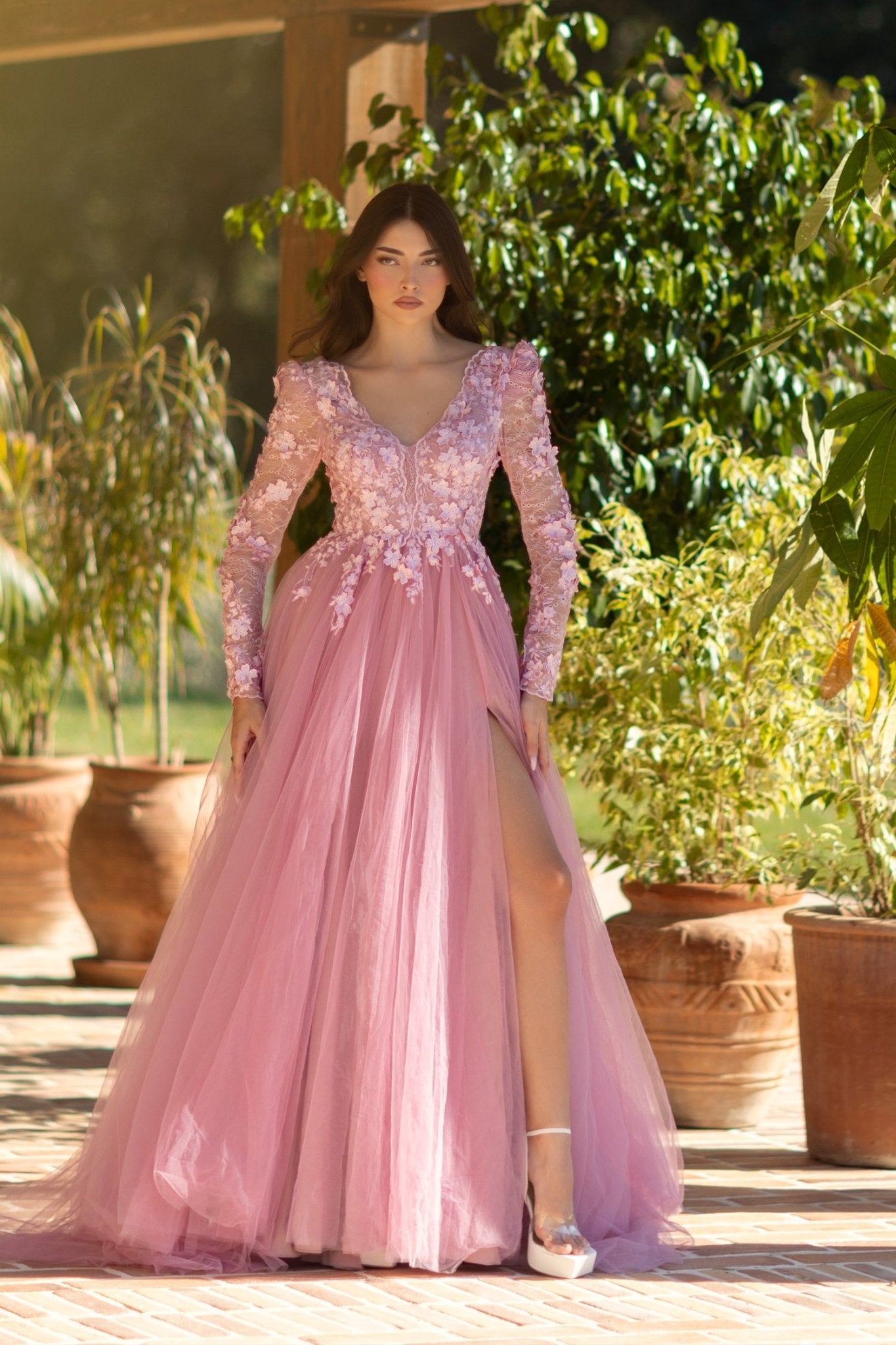 Tina Holly Couture TF318F Long Sleeve 3D Lace Tulle Prom Formal Dress in Australia | One Honey Boutique