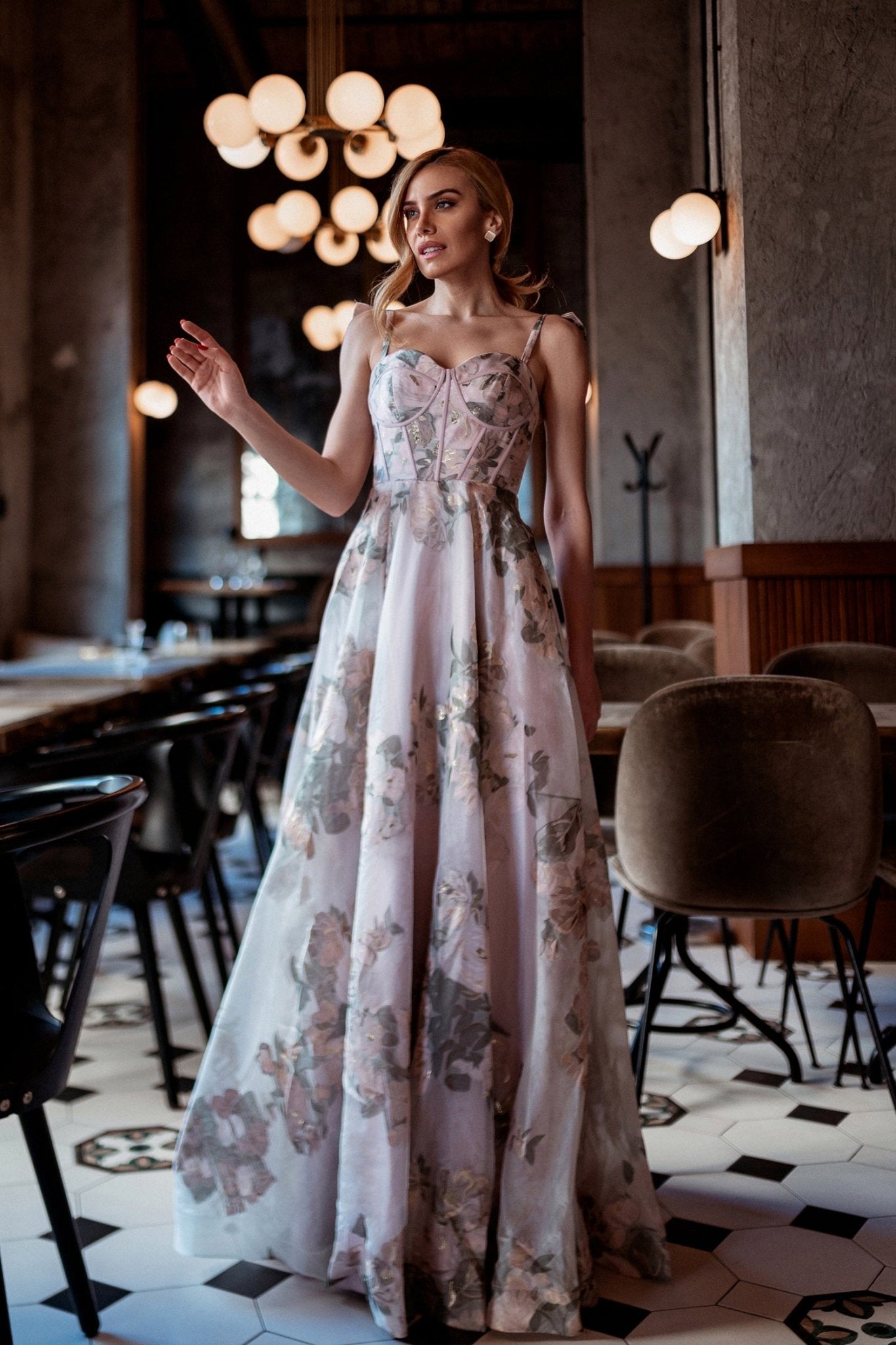 Tina Holly Couture TK210 Floral Pink Patterned Bustier Ball Gown Formal Dress in Australia | One Honey Boutique