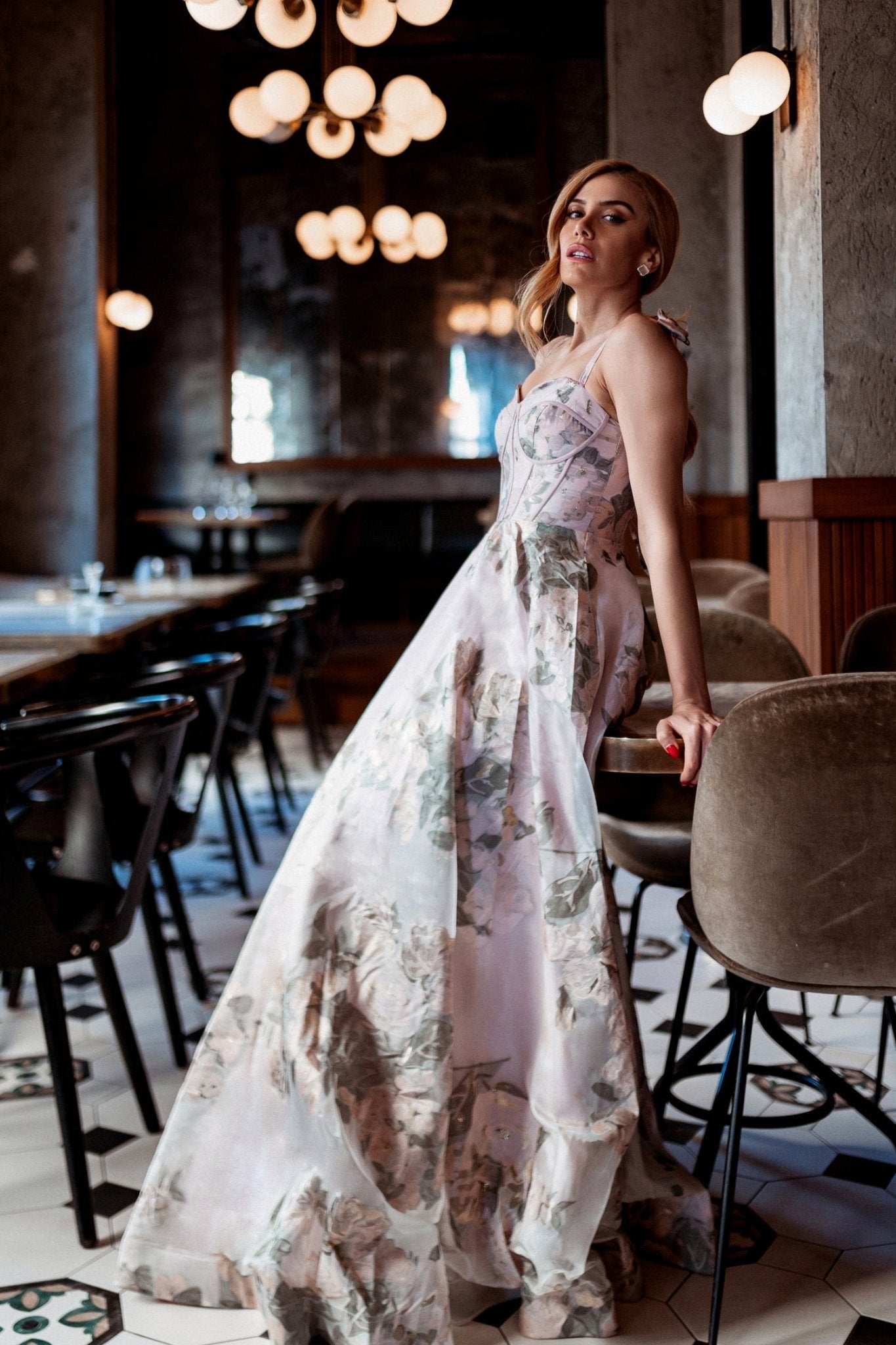 Tina Holly Couture TK210 Floral Pink Patterned Bustier Ball Gown Formal Dress in Australia | One Honey Boutique