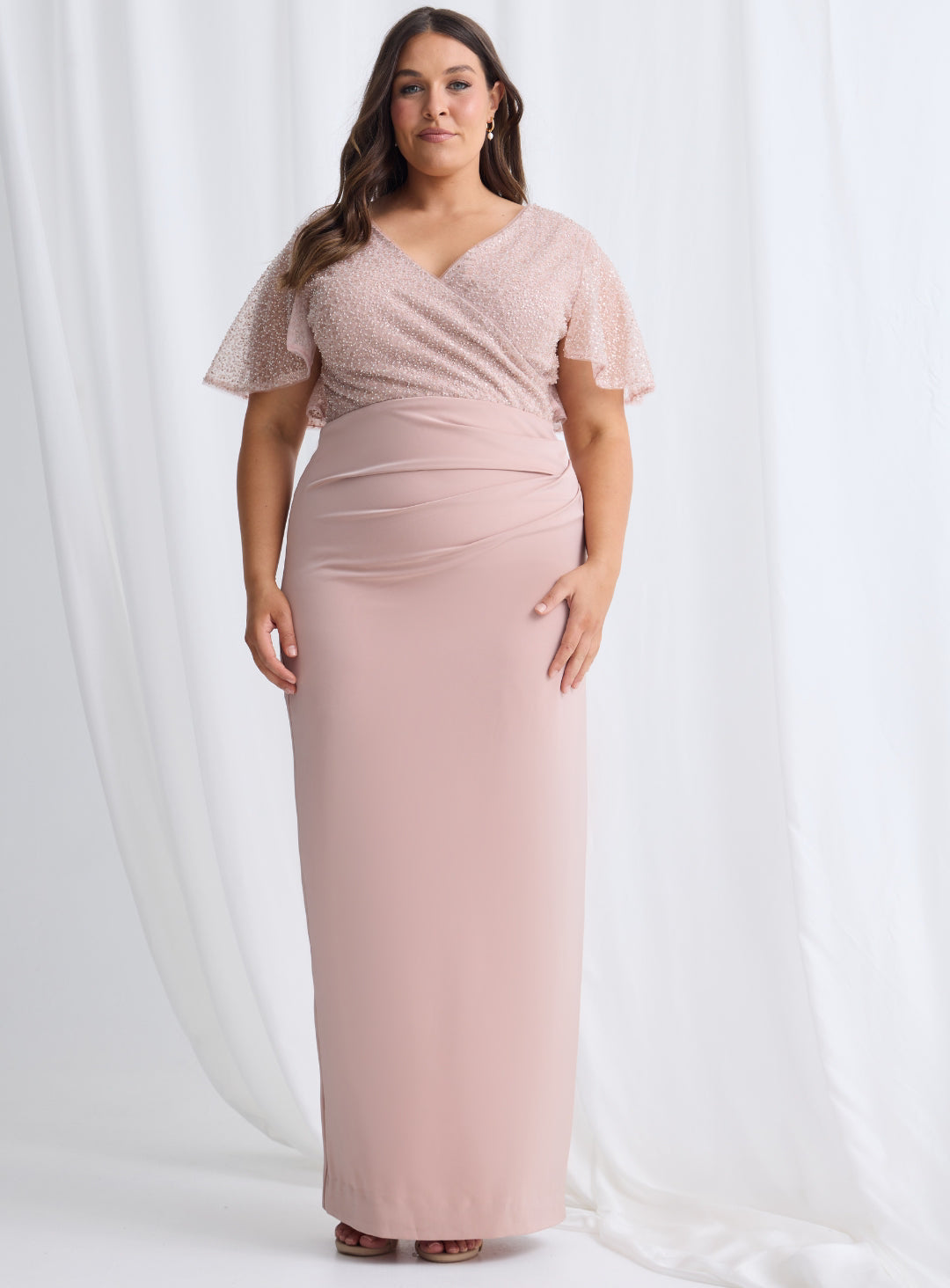 Trellis Lane JOYCE Beaded Sheer Bodice Fitted Pencil Midi Dress