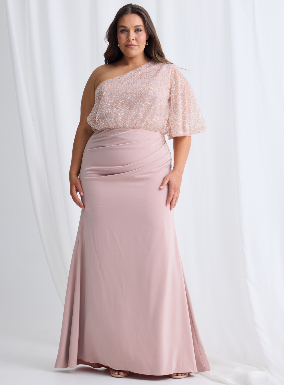 Trellis Lane COLLEEN One Shoulder Draped Sash Fitted Evening Gown