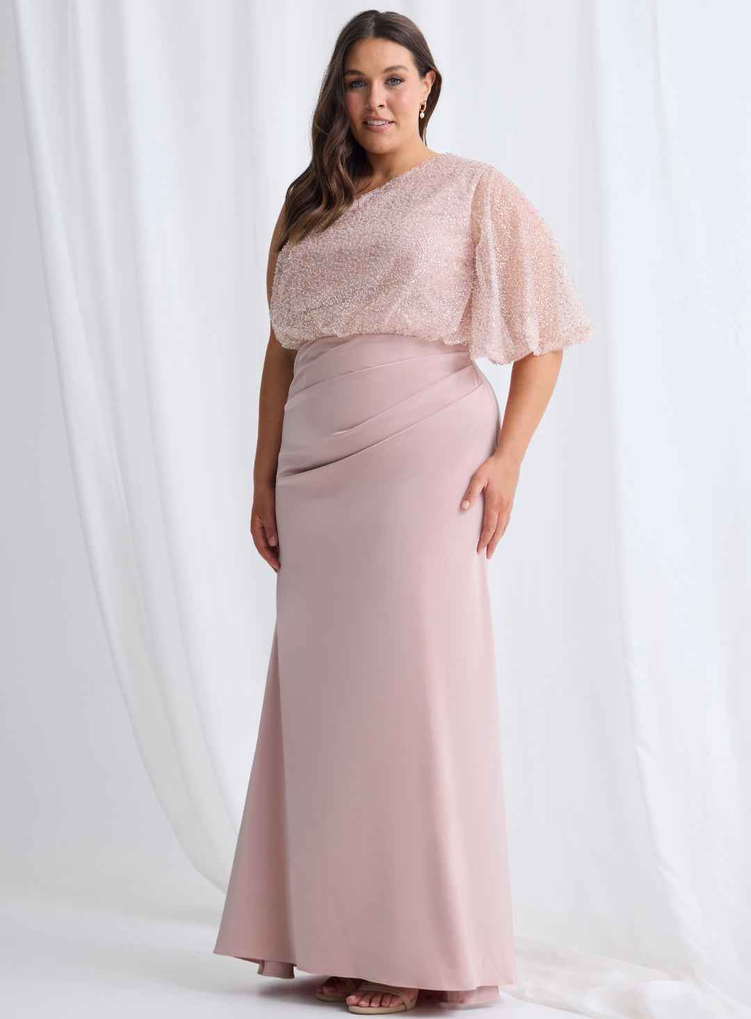 Trellis Lane COLLEEN One Shoulder Draped Sash Fitted Evening Gown