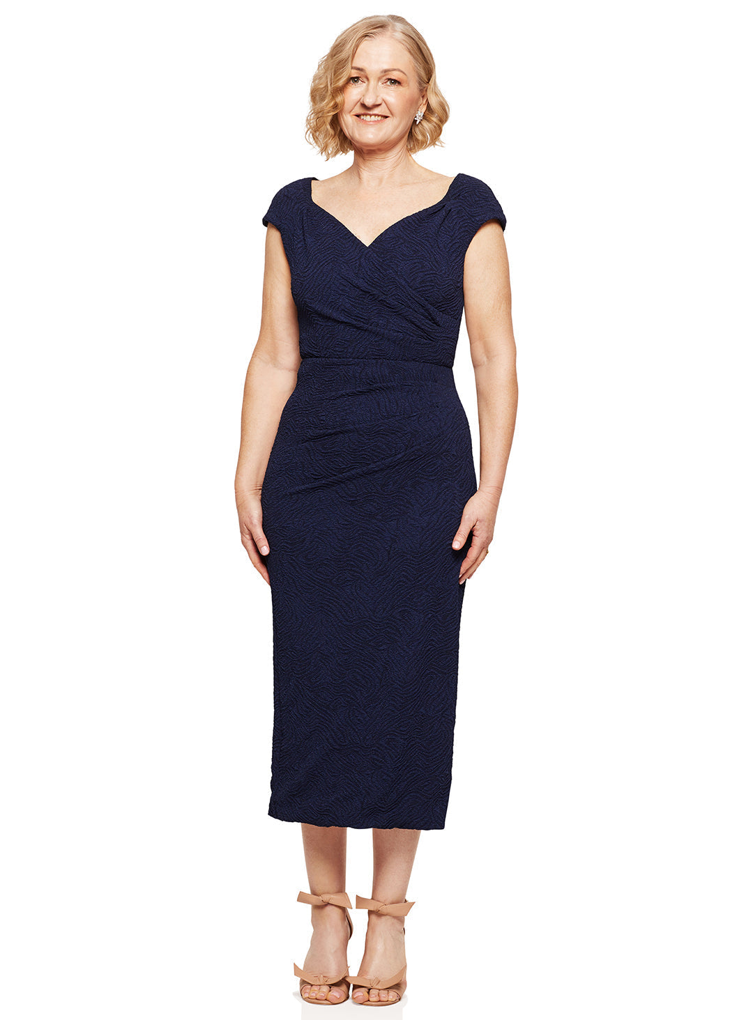 Trellis Lane BAILEY Beaded Mesh Fitted Midi Cocktail Dress Navy