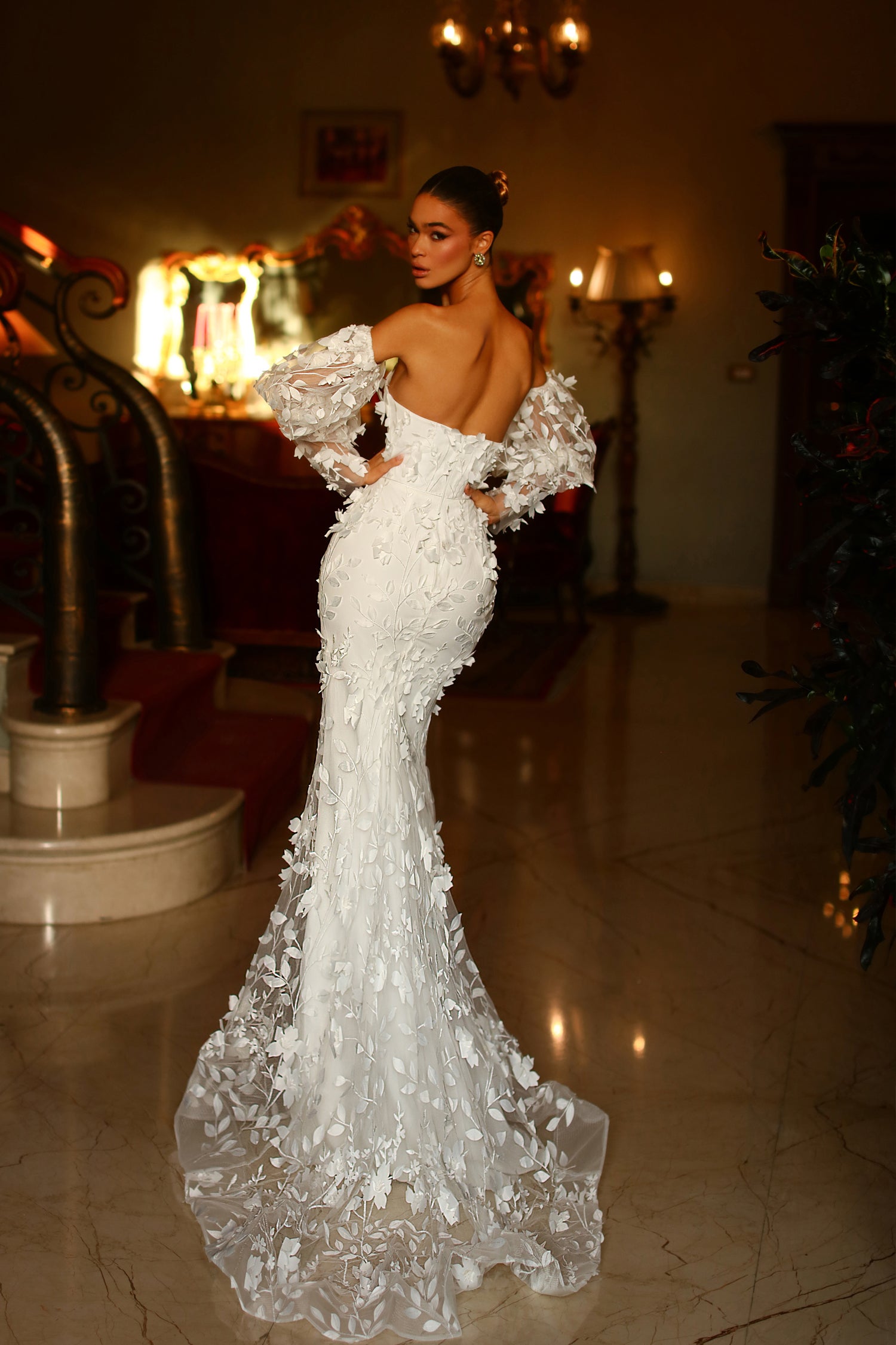 White Organza A-Line Wedding Bridal Gowns Off The Shoulder High Slit B -  Elsi John