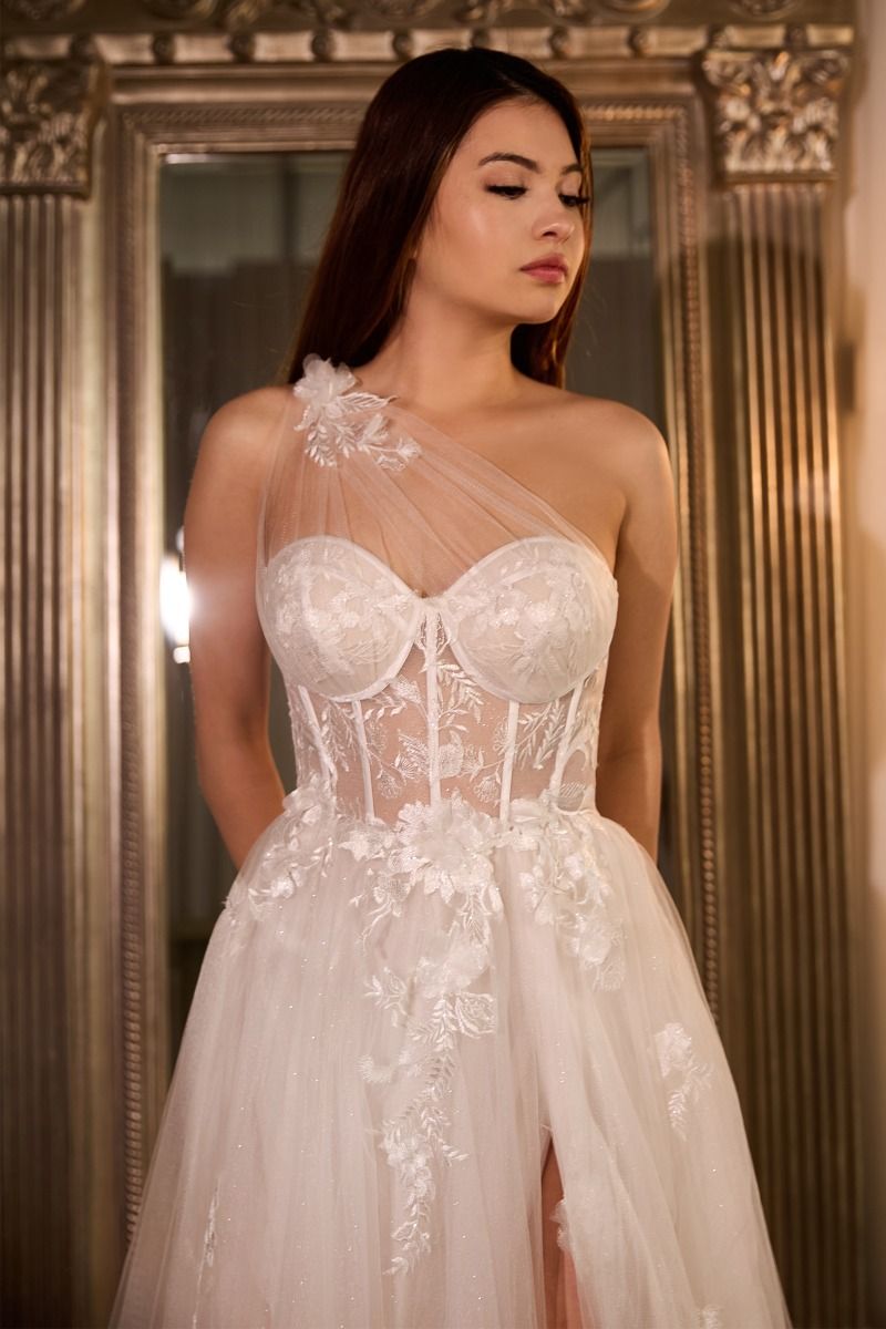Honey Couture LUCIA Off White Sheer Bustier Corset Tulle Formal Gown