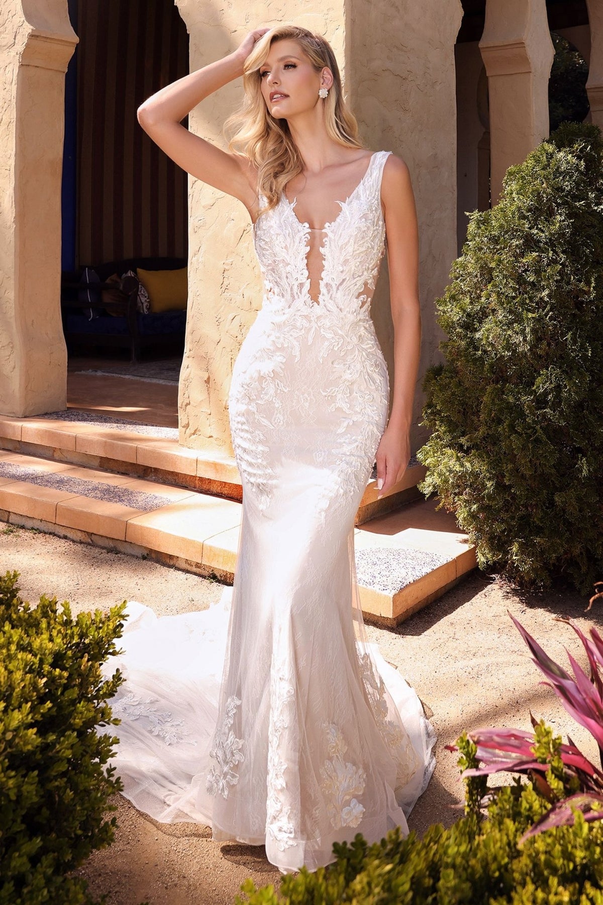 low cut back mermaid wedding dresses FIORELLA Boho Lace Low Back Mermaid Train Wedding Dress Off White & Nude / 2 USA