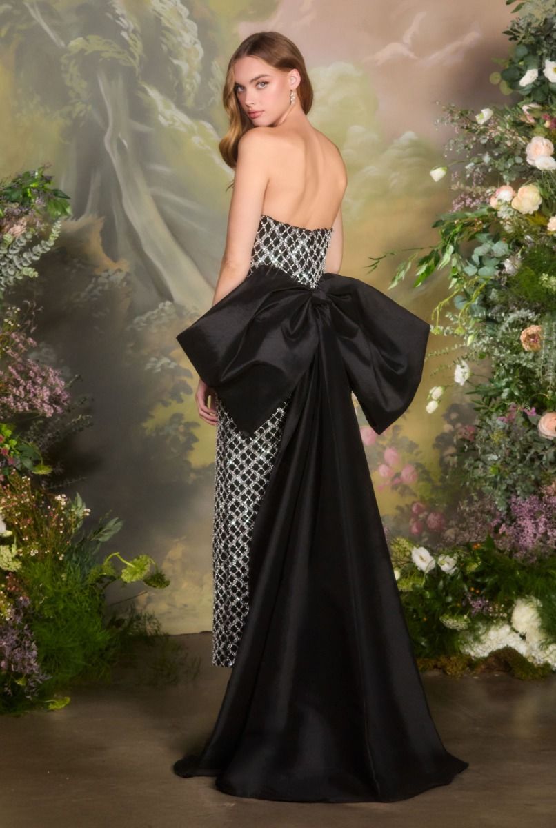 TAYLOR Couture Crystal Bodice Column Gown with Removable Bow