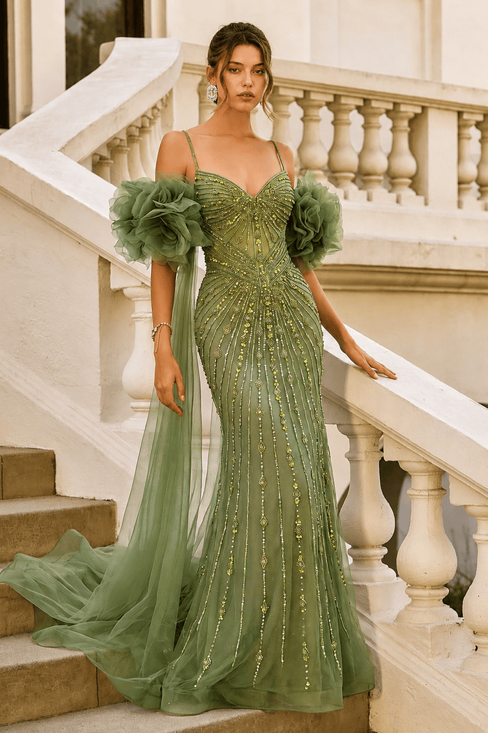 Daphne Crystal Beaded Corset Formal Gown with Cape