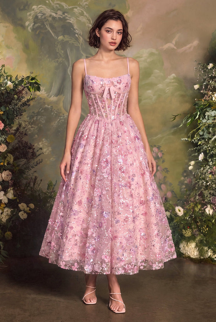 Laverne Floral Tulle Tea Length Formal Dress