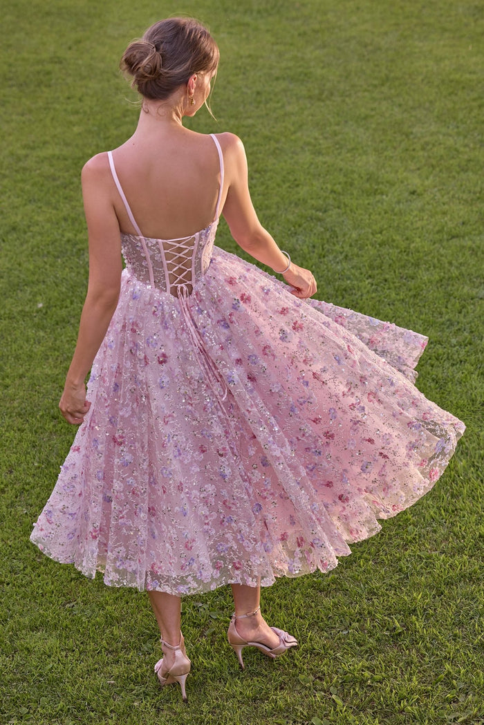 Laverne Floral Tulle Tea Length Formal Dress
