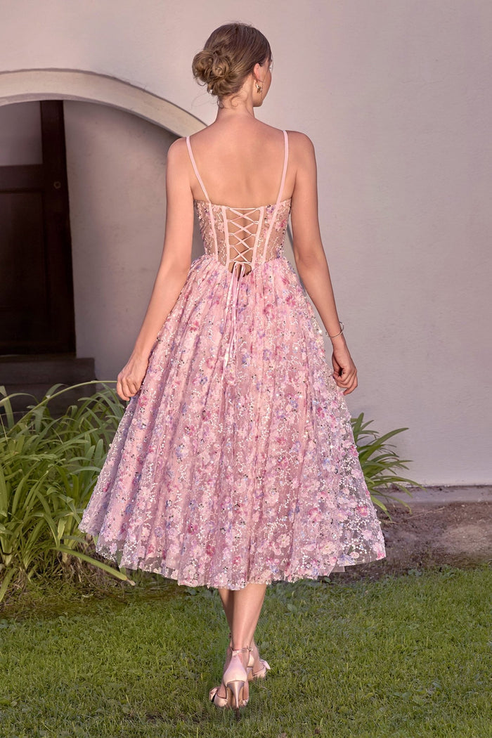 Laverne Floral Tulle Tea Length Formal Dress