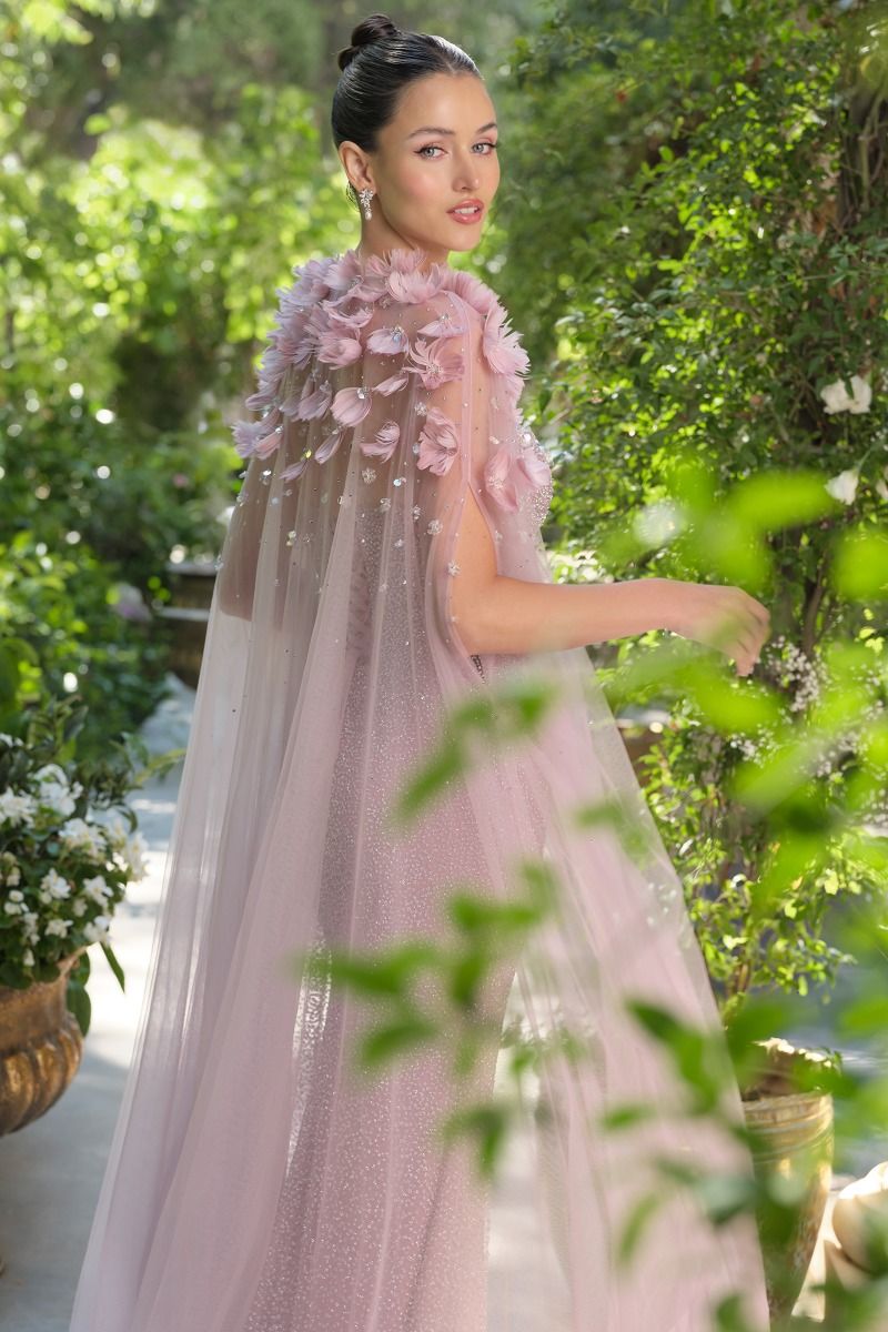 MARIANA Floral Appliqué Couture Tulle Cape for Formal & Evening Wear