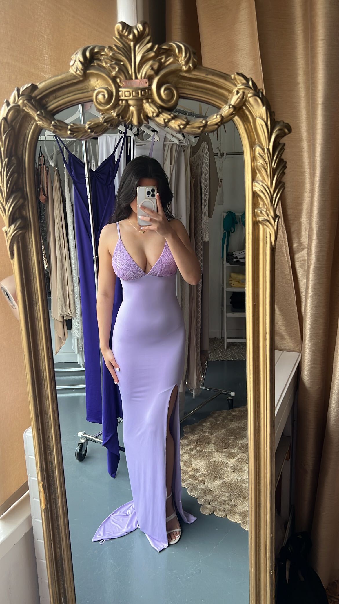 Lilac mermaid-prom-dress with lace-trimmed triangle bust in bandage-fabric, featuring leg-split and corset fit.
