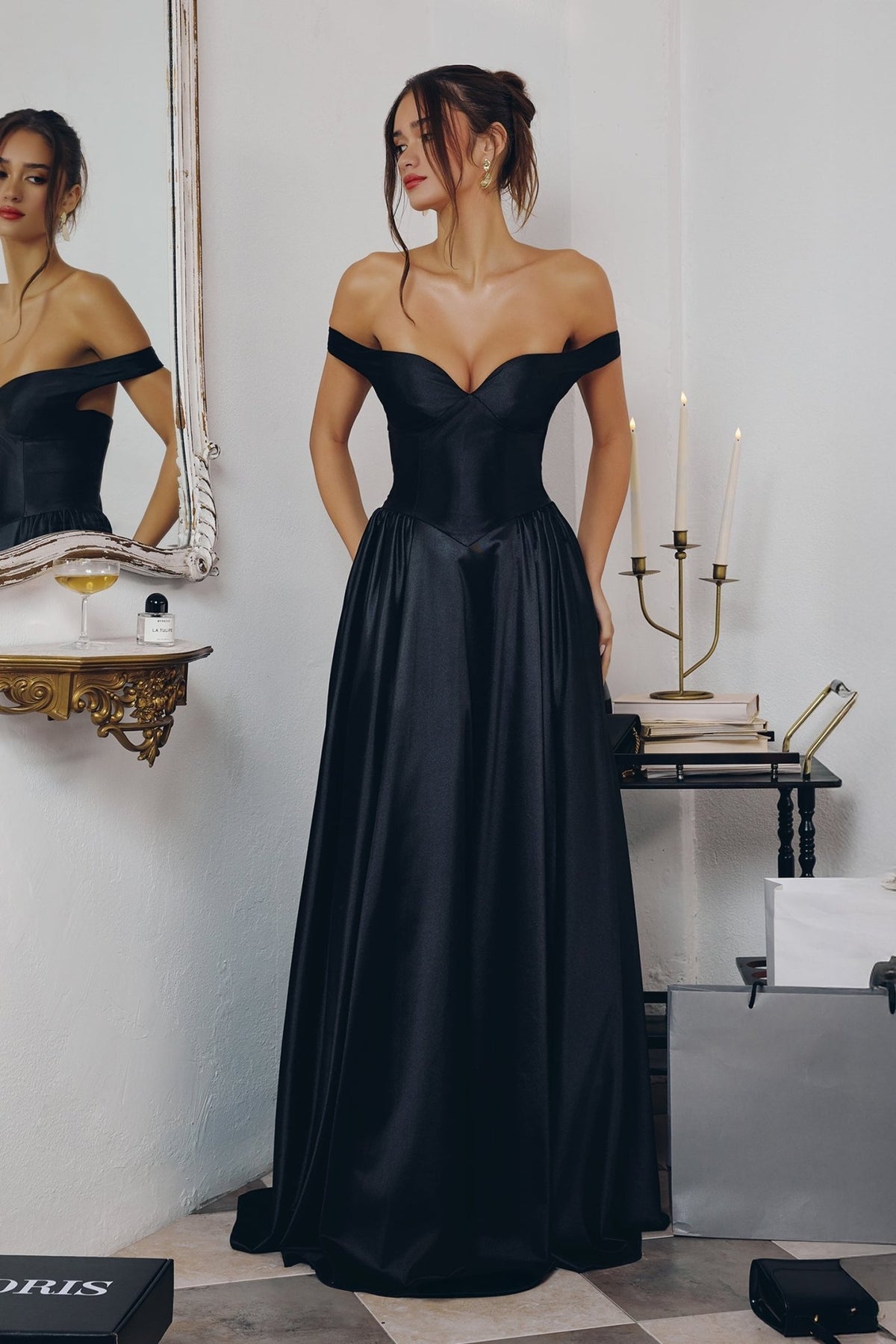 ANGELINA Off-Shoulder Satin A-Line Dress | One Honey Light Blue / 3XL USA ANGELINA Off-Shoulder Satin A-Line Dress | One Honey Light Blue / 3XL USA