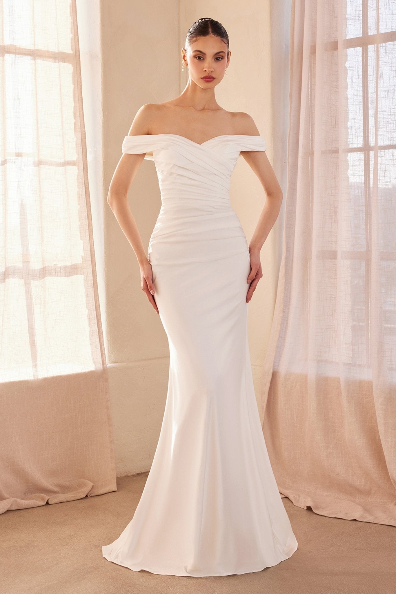 ARAN Off - Shoulder Satin Fitted Affordable Wedding Gown in Australia | One Honey Boutique