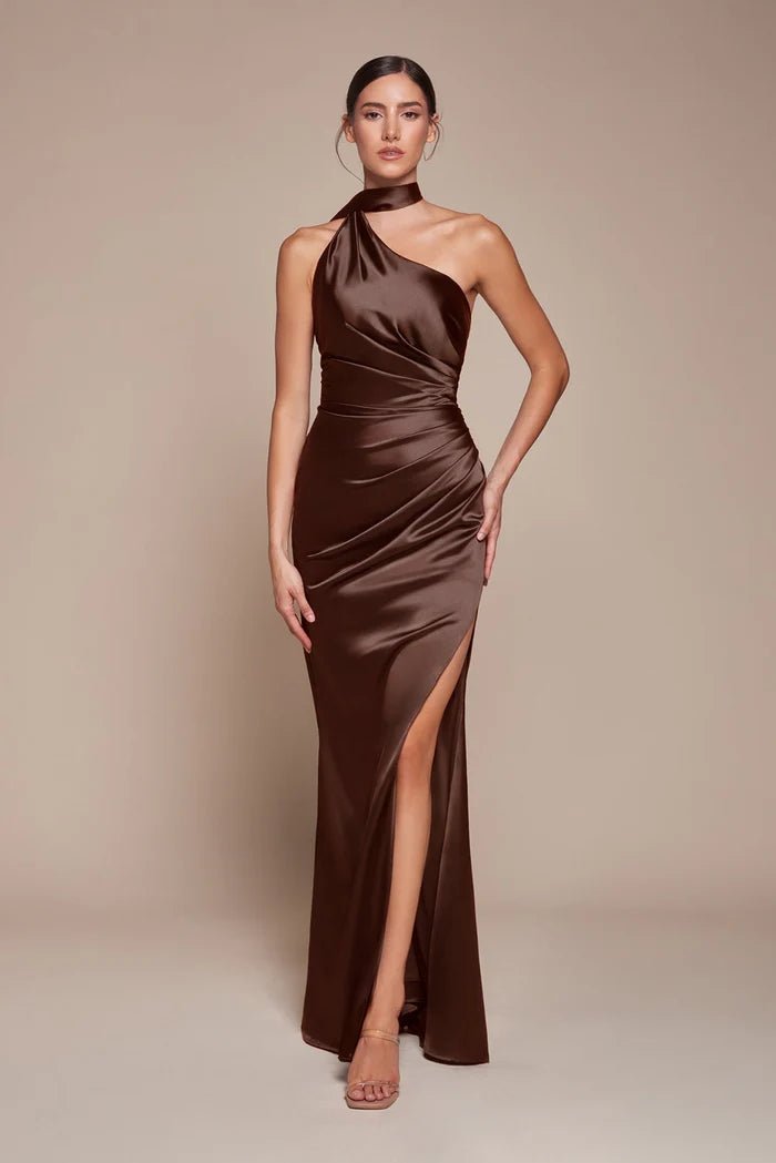 BETHANY One Shoulder Luxe Satin Fitted Bridesmaid & Formal Gown in Australia | One Honey Boutique