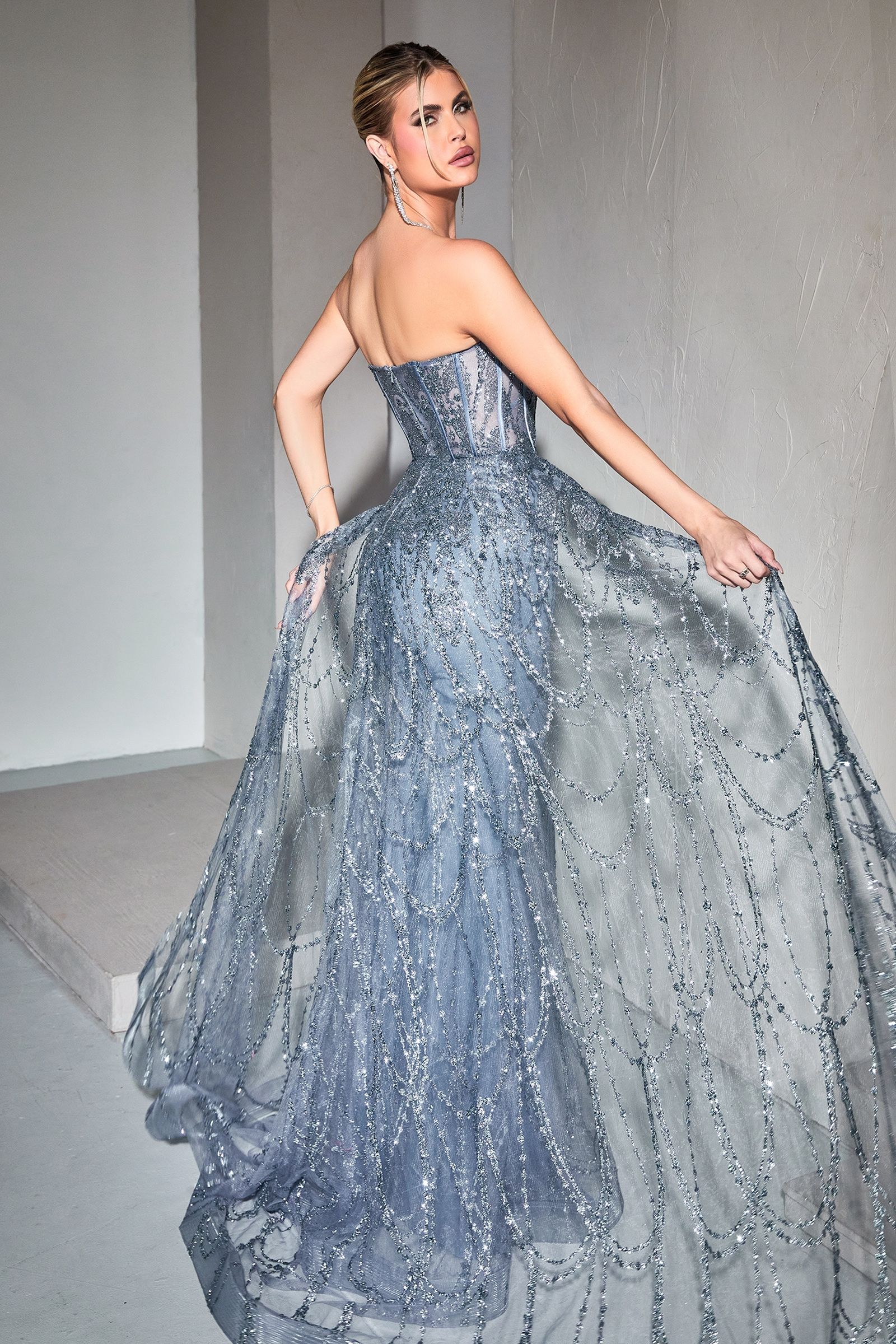 SIMMONE Glitter Strapless Corset Overskirt Formal Dress