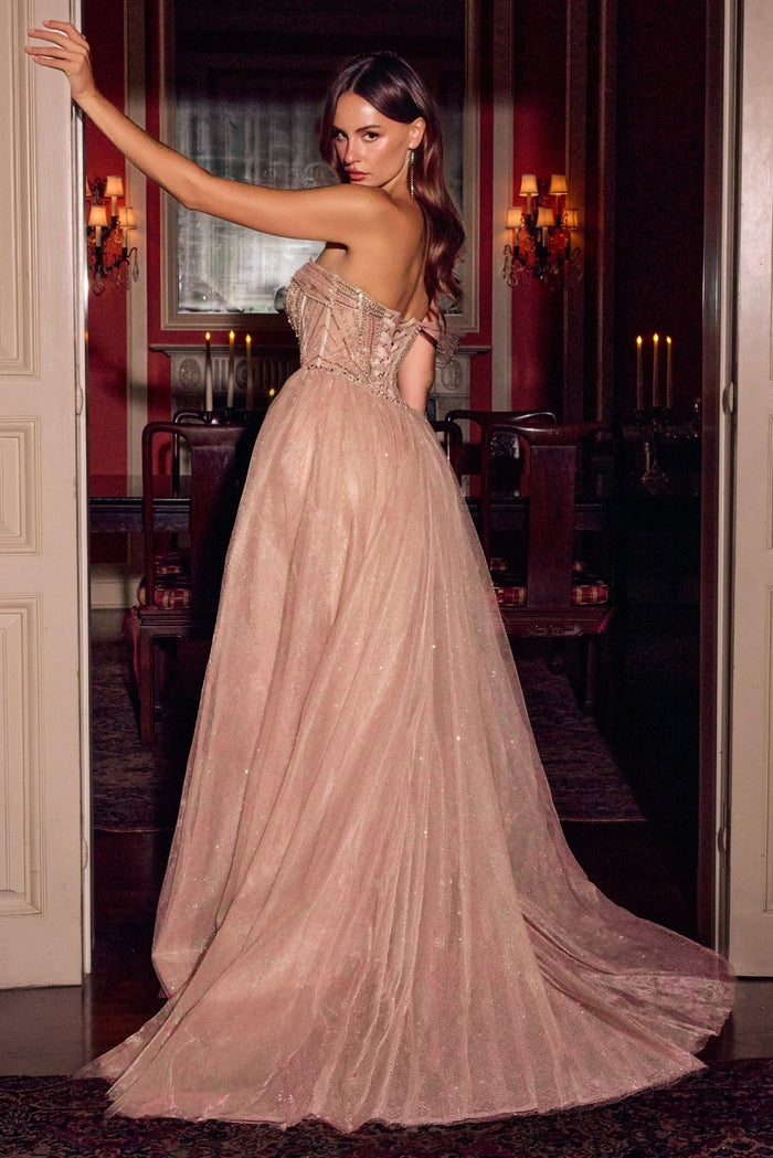 Milagros Crystal Beaded Corset Fitted Formal Dress with Detachable Tulle Overskirt