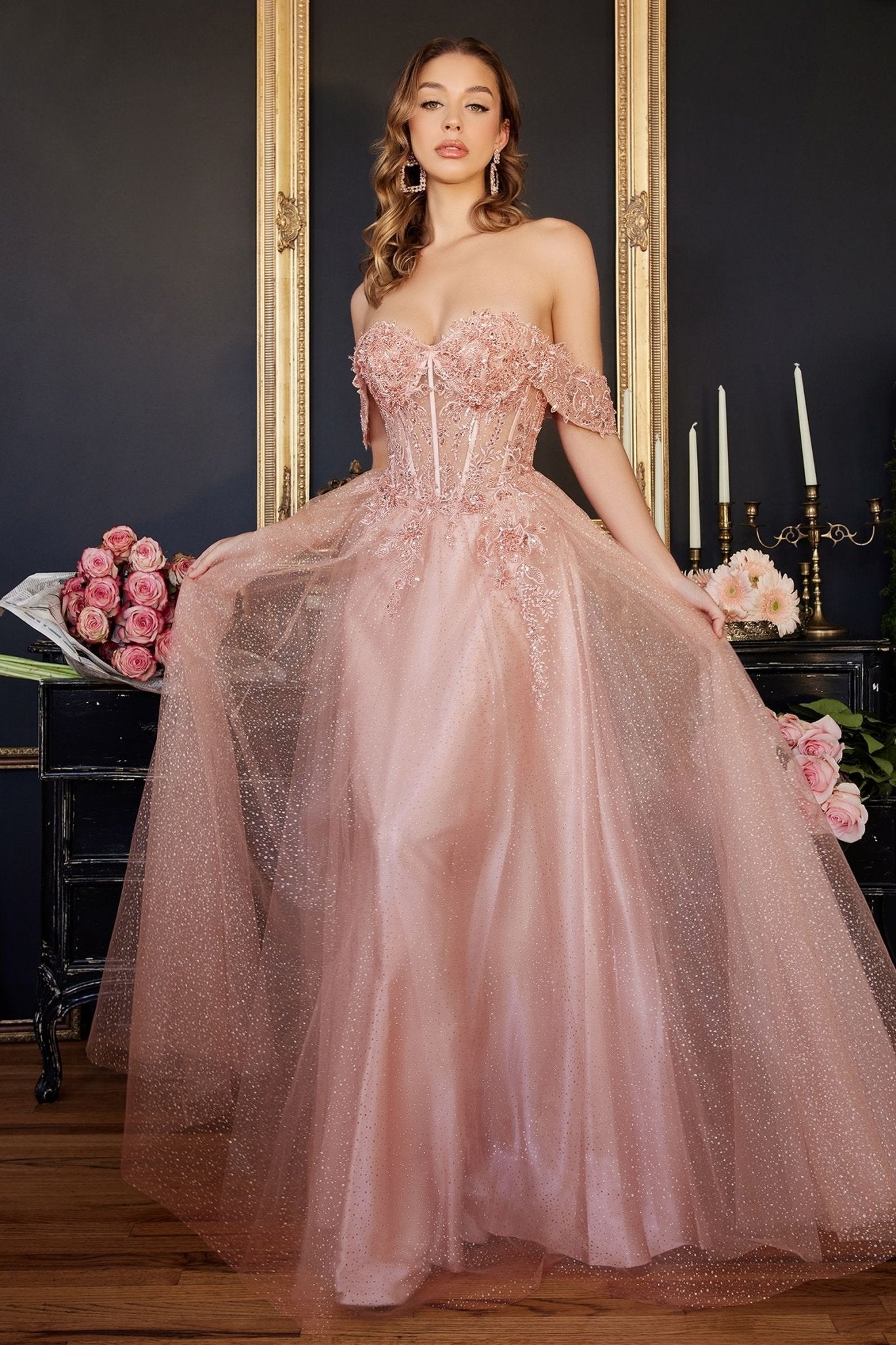 PHOEBE Off the Shoulder Bustier Lace Applique Tulle Formal Dress in Australia | One Honey Boutique
