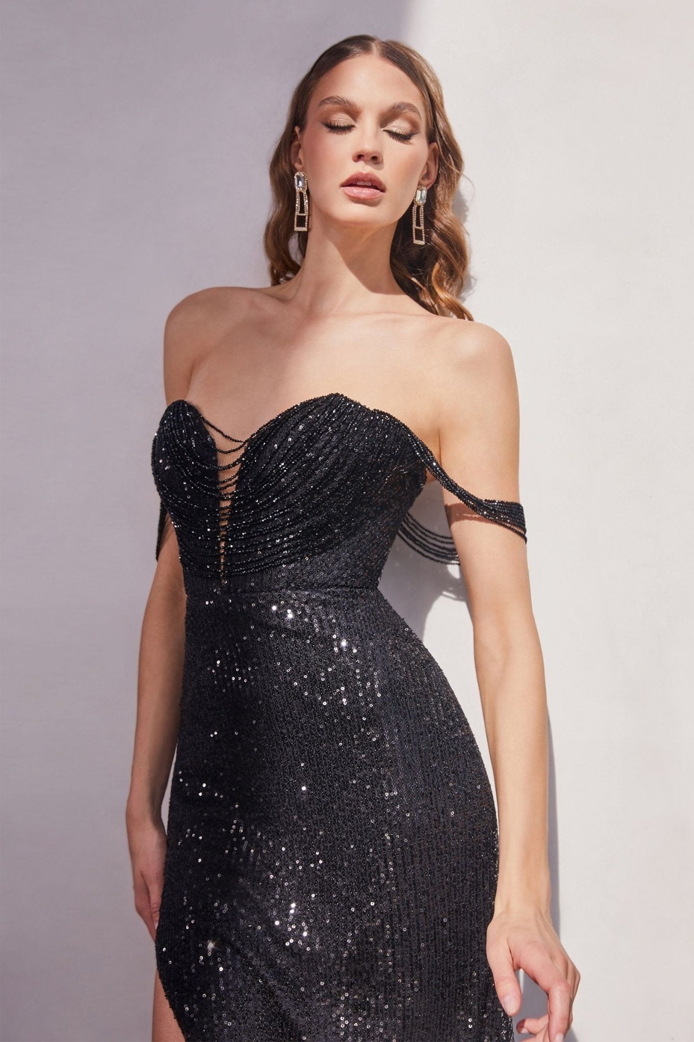 Honey Couture MYRTLE Black Sequin Beaded Off The Shoulder Mermaid Formal Dress in Australia | One Honey Boutique