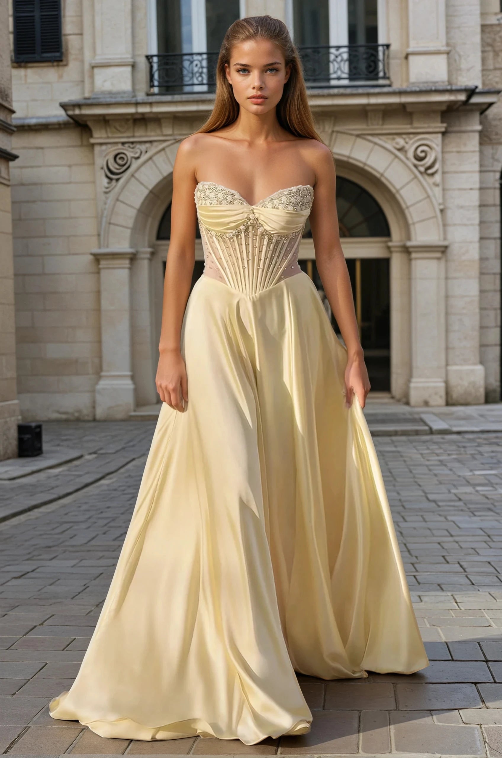ALIXIA Beaded Corset Satin A Line Prom & Formal Dress