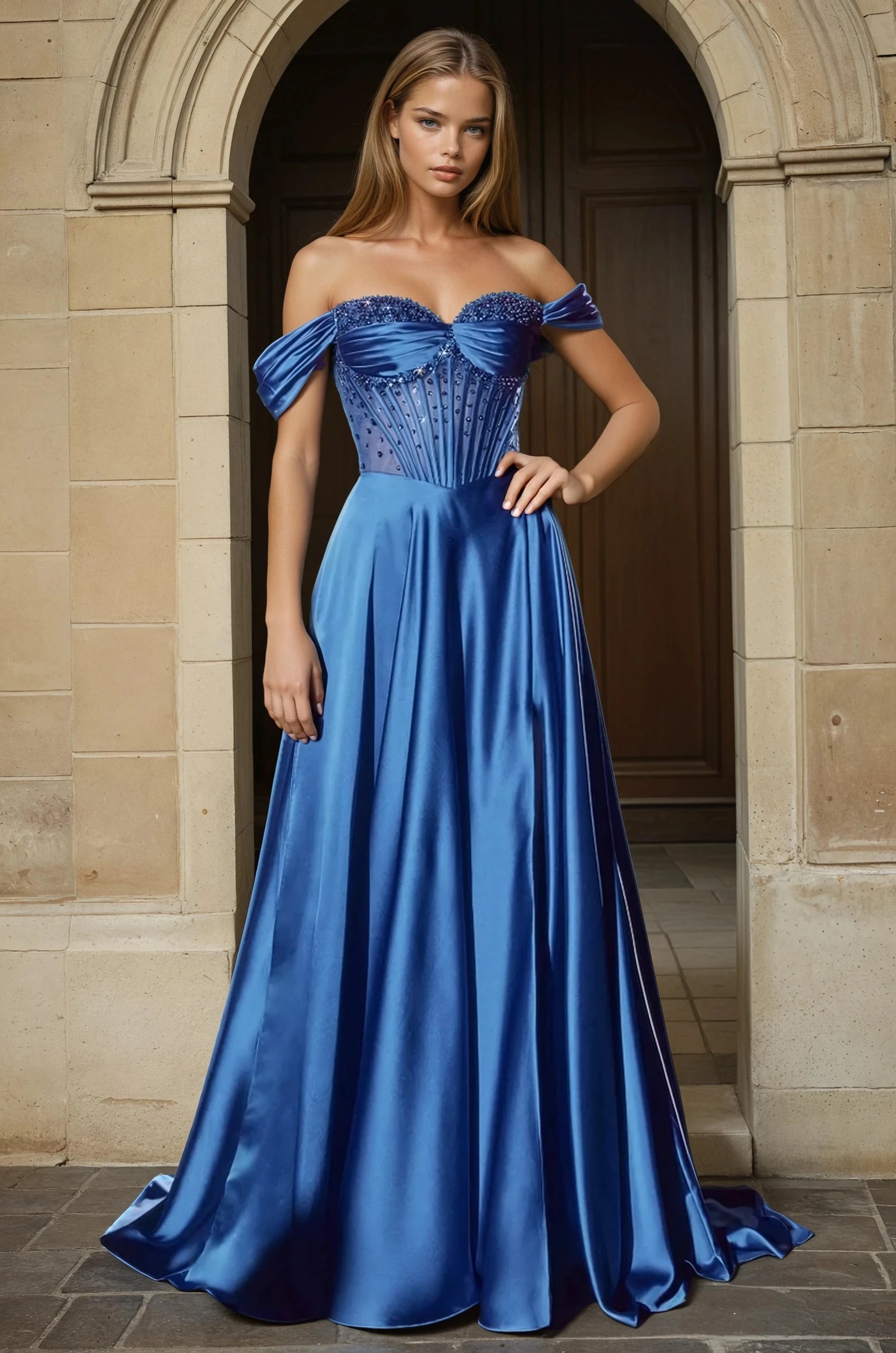 ALIXIA Beaded Corset Satin A Line Prom & Formal Dress