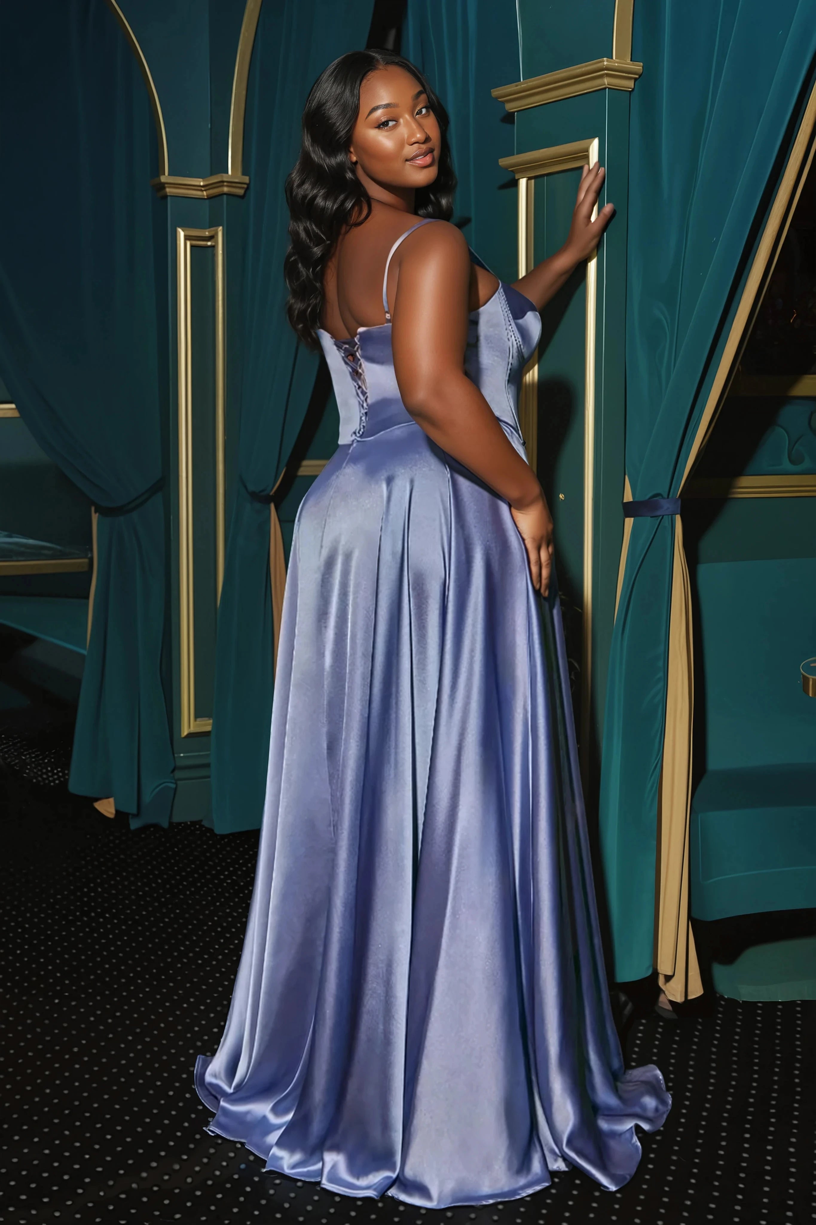 CLEO Curve Satin Bustier Corset Silky A Line School Formal Dress in Color: Smokey Blue | One Honey Australia