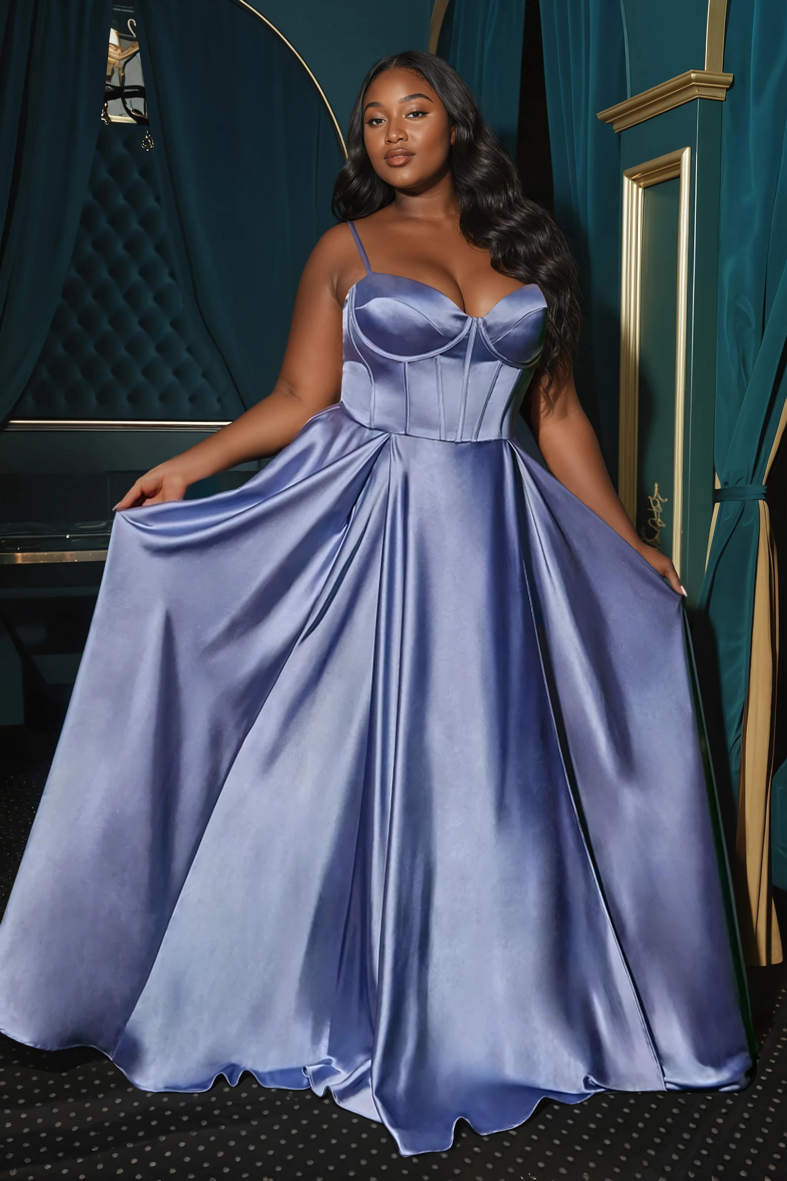 CLEO Curve Satin Bustier Corset Silky A Line School Formal Dress in Color: Black | One Honey Australia