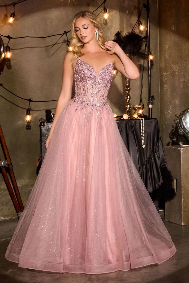 KIZI Beaded Corset Glitter Tulle A-Line Prom & Formal Gown